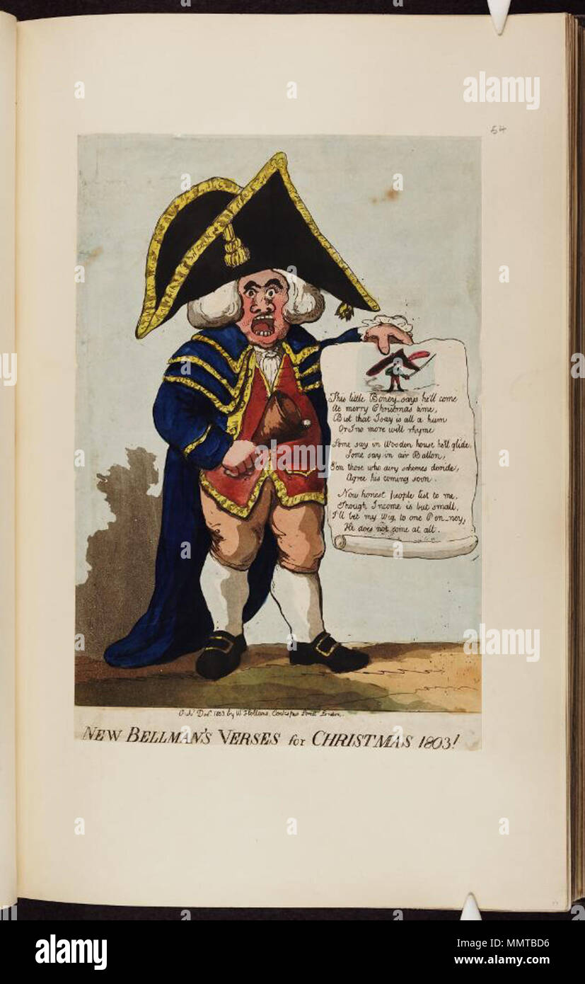. Satire auf die Angst vor einer französischen Invasion, 1794-1805. (Britische politische Karikatur); Der bellman hält eine Breitseite Ballade, mit einem Bild von 'Little Boney", mokiert sich über die Invasion Bedrohung dargestellt. Neue bellman's Verse zu Weihnachten 1803!. Dezember 1803. Bodleian Bibliotheken, Neue bellman's Verse zu Weihnachten 1803. Stockfoto