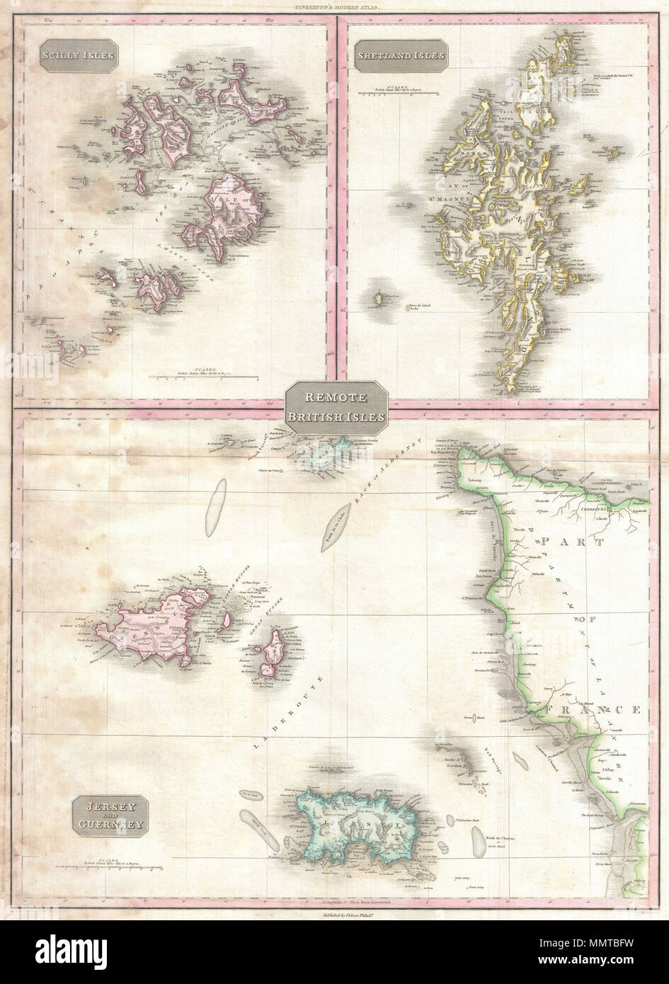 . Englisch: Pinkertons außerordentliche 1818 Karte der Britischen Inseln. Im Wesentlichen drei Karten in einem, diesem Diagramm die Scilly Isles, der Shetland Inseln und die Inseln Jersey und Guernsey zeigt. Obere linke Karte zeigt die Scilly Inseln, jede Benennung und Identifizierung von verschiedenen unterseeischen Gefahren in den Kanälen zwischen den Inseln. Obere rechte Karte Details die Shetlandinseln, die Benennung von Einzelnen, als auch im Hinterland mit Details. Die untere Hälfte der Karte ist auf die Kanalinseln Jersey, Guernsey und Alderny gewidmet. Auch ein erheblicher Teil der benachbarten Frankreich. Zeigt zahlreiche Undersea Stockfoto
