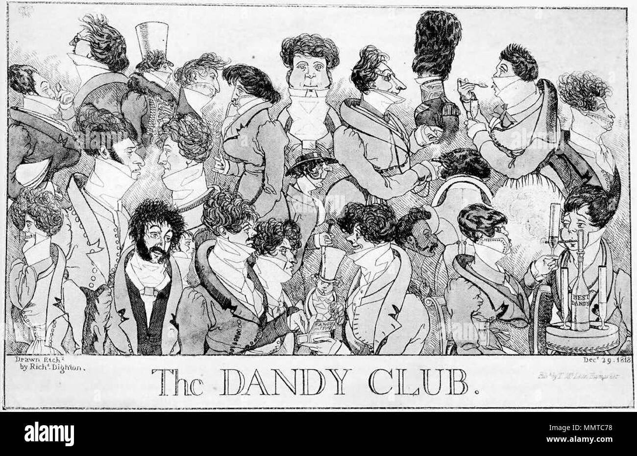 . "Der Dandy Club". 29. Dezember 1818. Richard Dighton (1795 - 1880) Alternative Namen Richard Deighton Beschreibung Englisch Karikaturist und Maler Geburtsdatum / Tod 1795 13. April 1880 Ort der Geburt / Todes London London Authority control: Q 7325203 VIAF:?:? ISNI 75845738 0000 0000 6405 9272 500126151 RKD ULAN:?:? 22795 Dandies Stockfoto