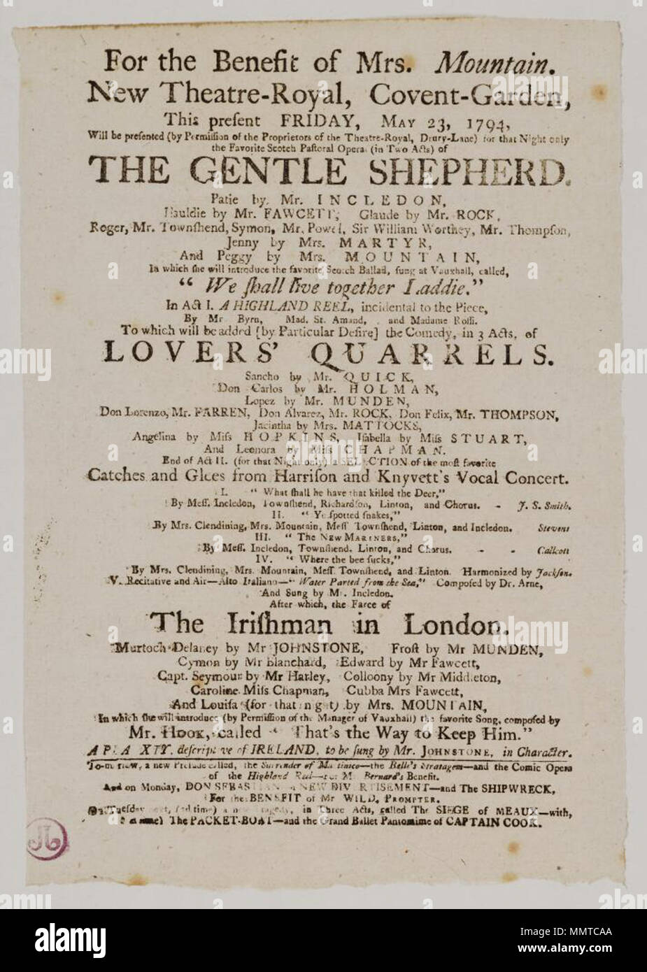 . Theaterprogramm von Covent Garden, Freitag, 23. Mai 1794, bei der Bekanntgabe der sanften Schäfer & c. zugunsten von Frau Berg; sanfte Hirte, so leben wir zusammen; Highland laddie Haspel; Streitereien Liebhaber'; Fänge und glees von vocal Harrison und Knyvett's Konzert; was soll er haben, dass die Hirsche getötet; Ihr entdeckt Schlangen; Neue Mariners; Wo die Biene saugt; Wasser getrennt vom Meer; Ire in London; das ist der Weg, um Ihn zu halten; Planxty, beschreibende Irlands; Übergabe von martinico; Belle's List; Highland Haspel; Don Sebastian; Schiffbruch; Belagerung von Meaux; das Paket - Boot; Captain Cook; [Playbil Stockfoto
