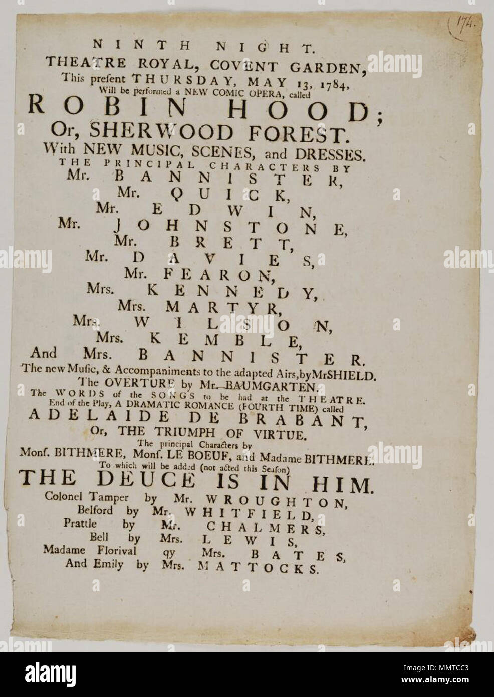 . Theaterprogramm von Covent Garden, Donnerstag, 13. Mai 1784 verkündete Robin Hood; oder, Sherwood Forest & C.; 174; Robin Hood; oder, Sherwood Forest; Adelaide de Brabant, oder, Der Triumph der Tugend; Deuce ist in ihm; [Theaterprogramm von Covent Garden, Donnerstag, 13. Mai 1784 verkündete Robin Hood; oder, Sherwood Forest & C.] [Theaterprogramm von Covent Garden, Donnerstag, 13. Mai 1784 verkündete Robin Hood; oder, Sherwood Forest & C.]. 13. Mai 1784. Covent Garden Theatre [Thema] Bodleian Bibliotheken, theaterprogramm von Covent Garden, Donnerstag, 13. Mai 1784 verkündete Robin Hood; oder, Sherwood Forest & Amp; c. Stockfoto