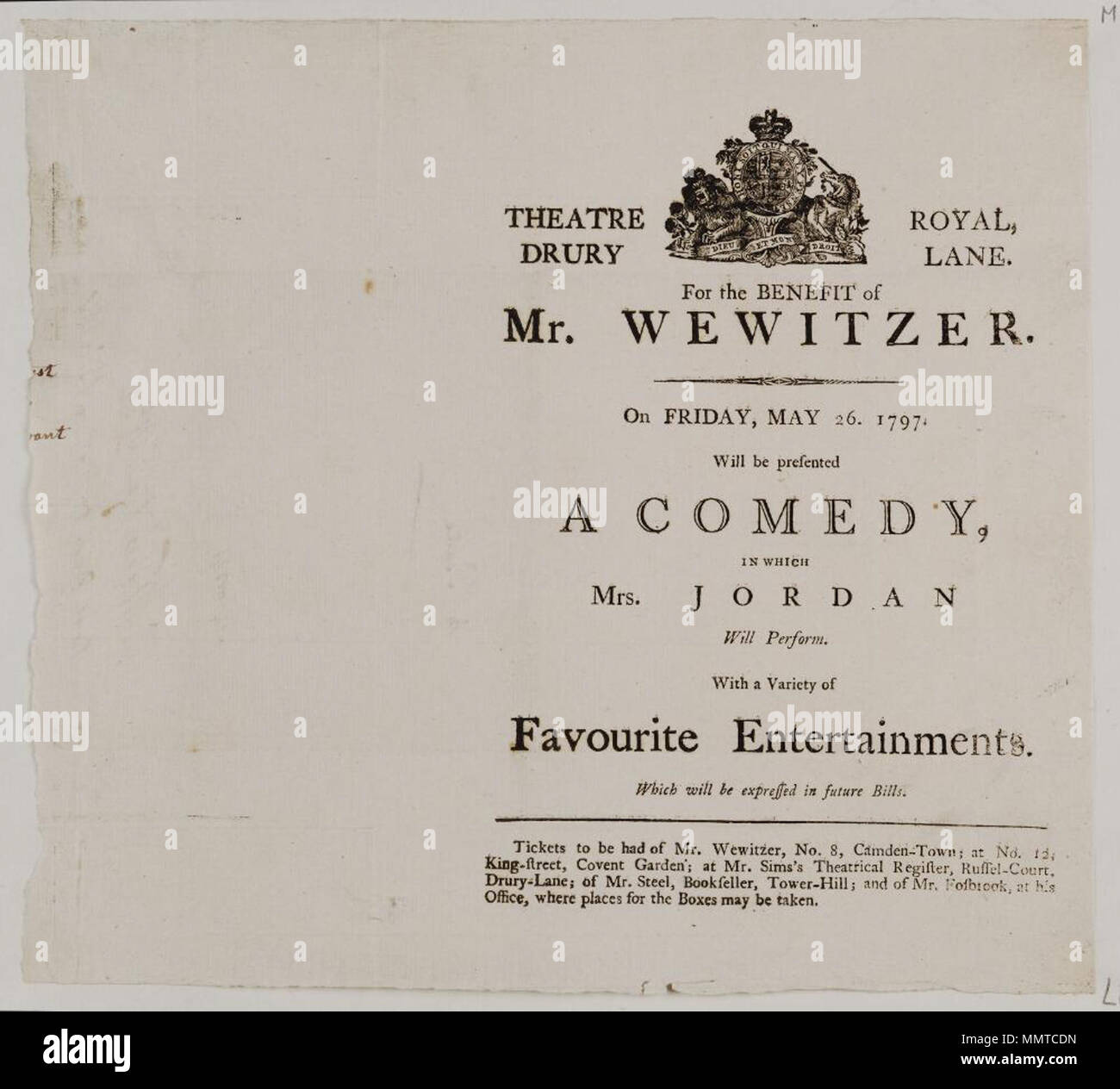 . Playbill des Drury Lane Theaters, Freitag, 26.Mai. 1797, Ankündigung [Komödie]&C. zugunsten von Herrn Wewitzer; '... eine Komödie, in der Frau Jordan durchführen wird. Mit einer Vielzahl von bevorzugten Unterhaltungen. Die künftig Rechnungen ausgedrückt werden." Frau Adresse auf der Rückseite; [Komödie]; [Playbill des Drury Lane Theaters, Freitag, 26.Mai. 1797, Ankündigung [Komödie] &c.] [Playbill des Drury Lane Theaters, Freitag, 26.Mai. 1797, Ankündigung [Komödie] &c.]. 26. Mai 1797. Drury Lane Theater [Thema] Bodleian Bibliotheken, theaterprogramm der Drury Lane Theater, Freitag, 26.Mai. 1797, Ankündigung einer Komödie &Amp; c. Stockfoto
