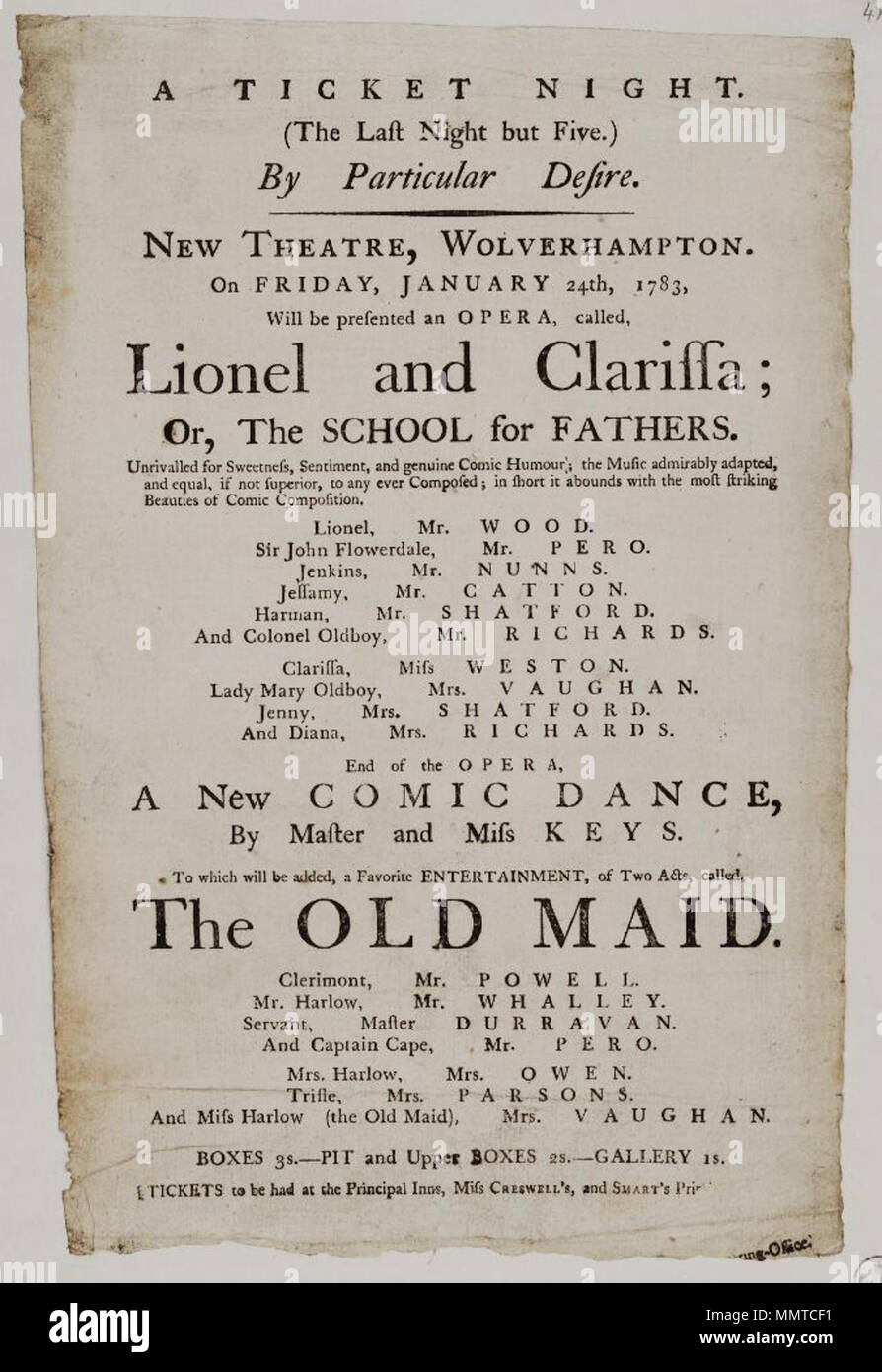 . Playbill des Neuen Theaters, Freitag, den 24. Januar 1783, Ankündigung von Lionel und Clarissa; oder die Schule für Väter & C.; Drucken der Smart Printing Office schlägt Falten im Papier zum Drucken; Lionel und Clarissa; oder, der Schule für Väter; Neues Comic Tanz; alte Jungfer; [Playbill des Neuen Theaters, Freitag, den 24. Januar 1783, Ankündigung von Lionel und Clarissa; oder die Schule für Väter & C.] [Playbill des Neuen Theaters, Freitag, den 24. Januar 1783, Ankündigung von Lionel und Clarissa; oder die Schule für Väter & C.]. 24. Januar 1783. Neues Theater (Wolverhampton, England) [Thema] Bodleian Bibliotheken, theaterprogramm von Stockfoto