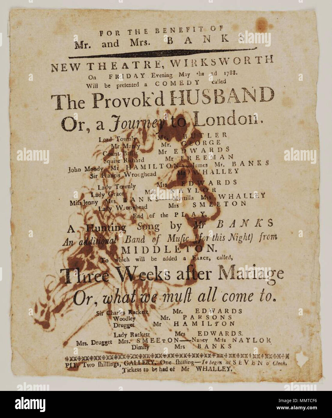. Playbill des Neuen Theaters, Freitag abend kann die 2d 1788, Bekanntgabe der provok würde Mann oder, eine Reise nach London & c. zugunsten von Herrn und Frau Banken; des Menschen [?] Kopf skizziert in brauner Tinte auf der leeren Seite. Die Skizze entlüftet ist durch das Papier und ist auf der Vorderseite sichtbar.; Provok würde Mann oder, eine Reise nach London; Jagd Song; zusätzliche Band Musik (für die Nacht) aus Middleton; drei Wochen nach Mariage [sic] oder, was wir alle müssen zu kommen; [Playbill des Neuen Theaters, Freitag abend kann die 2d 1788, Bekanntgabe der provok würde Mann oder, eine Reise nach London & C.] [Playbill Neuer Theatr Stockfoto