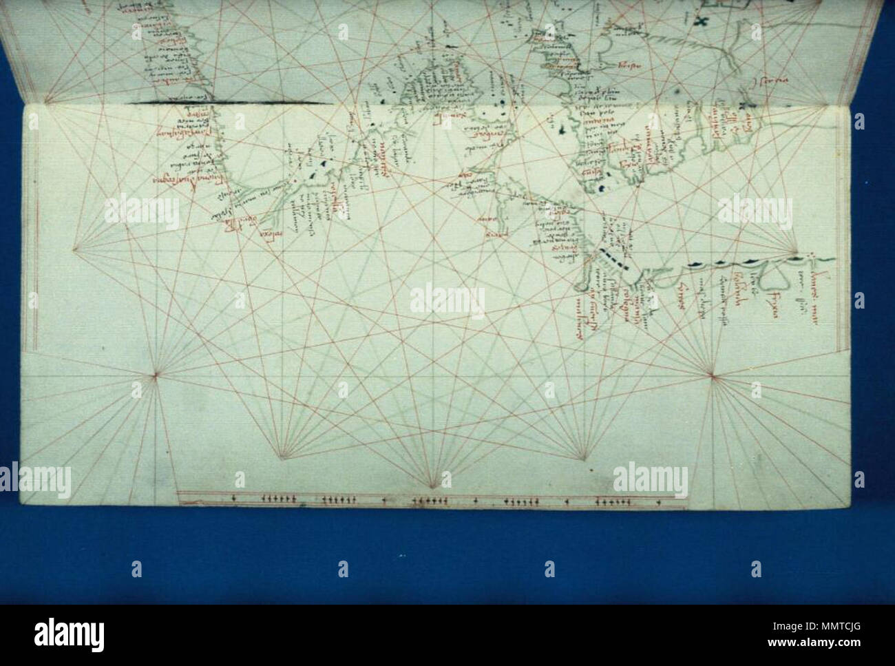 . Venezianische beleuchtete portolan Codex. Eines der sieben Öffnungen dieses Horoskop, das würde, wenn verbunden, Maß 860 x 460 mm [Portolan Codex. Nord-west europäischen Küste; der Englische Kanal; die friesischen Inseln; der Nordsee Dänemark]. 1400. Bodleian Bibliotheken Portolan Codex nordwesteuropäischen Küste des Ärmelkanals die friesischen Inseln der Nordsee Dänemark Stockfoto