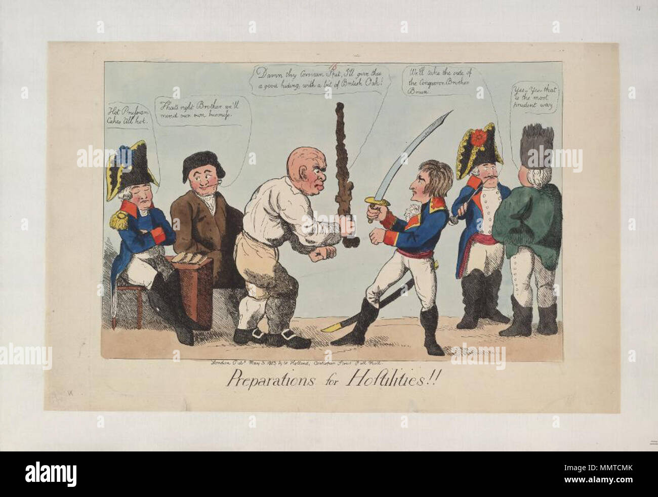 . Satire auf die Angst vor einer französischen Invasion, 1794-1805. (Britische politische Karikatur) Vorbereitungen für Feindseligkeiten!!. 3. Mai 1803. Bodleian Bibliotheken, Vorbereitungen für die Feindseligkeiten Stockfoto
