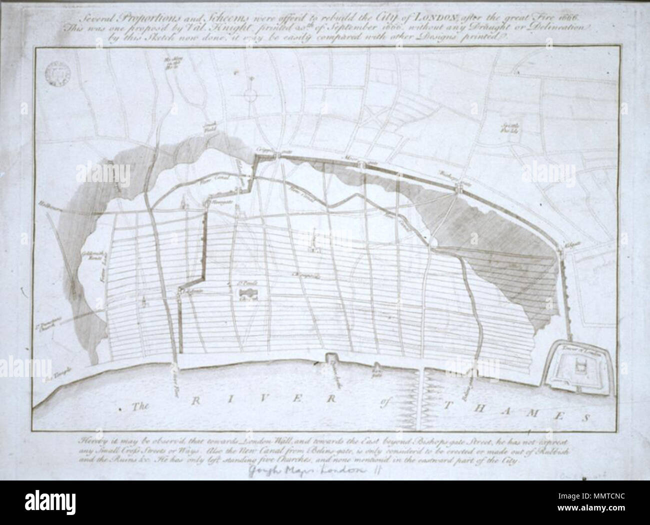 [Vorschlag zur Stadt London Wiederaufbau nach dem großen Brand von 1666, durch Val Ritter]. 1666. Bodleian Bibliotheken, Vorschlag zur Stadt London Wiederaufbau nach dem großen Brand von 1666, durch Val Ritter Stockfoto