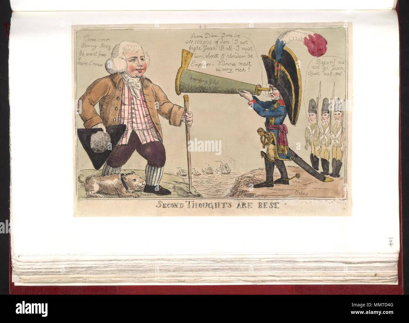 . Satire auf die Angst vor einer französischen Invasion, 1794-1805. (Britische politische Karikatur); Napoleon in Calais, sieht durch ein Teleskop (als 'magnifying Glas') über den Kanal bei John Bull, und Anmerkungen, von acre Dieu! Dere 400,000,00 Dm! ...'; Impressum gelöscht zweite Gedanken am besten geeignet sind. [1803]. Bodleian Bibliotheken, zweite Gedanken sind am besten Stockfoto