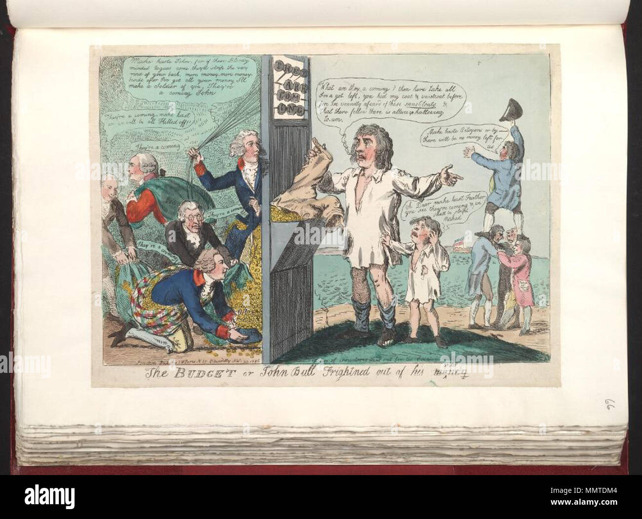 . Satire auf die Angst vor einer französischen Invasion, 1794-1805. (Britische politische Karikatur) Der Haushalt oder: John Bull frightned aus seinem [Geld] Wits. 20. November 1796. Bodleian Bibliotheken, das Budget oder die - John Bull frightned aus seinem Geld wits Stockfoto