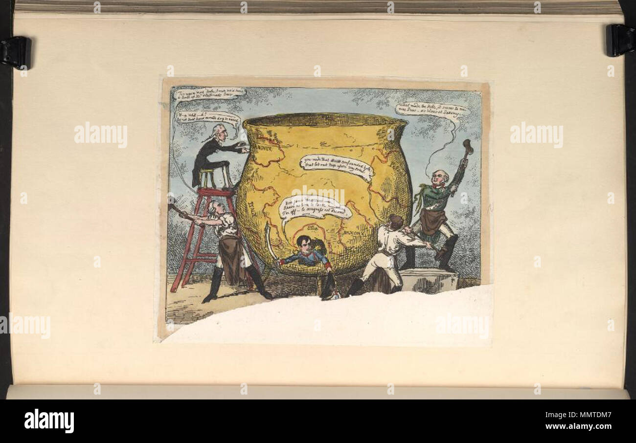 . Nach Napoleons Rückkehr von Elba und die Hundert Tage Satire. (Britische politische Karikatur) [Die Stümperhafte bastelt! Oder, Kongress der blockheads! Die ramponierte ein Loch im großen Europa Wasserkocher]. [1815]. Bodleian Bibliotheken, die Stümperhafte bastelt oder, Kongress der blockheads, die ein Loch im großen Europa Wasserkocher zerschlagen Stockfoto