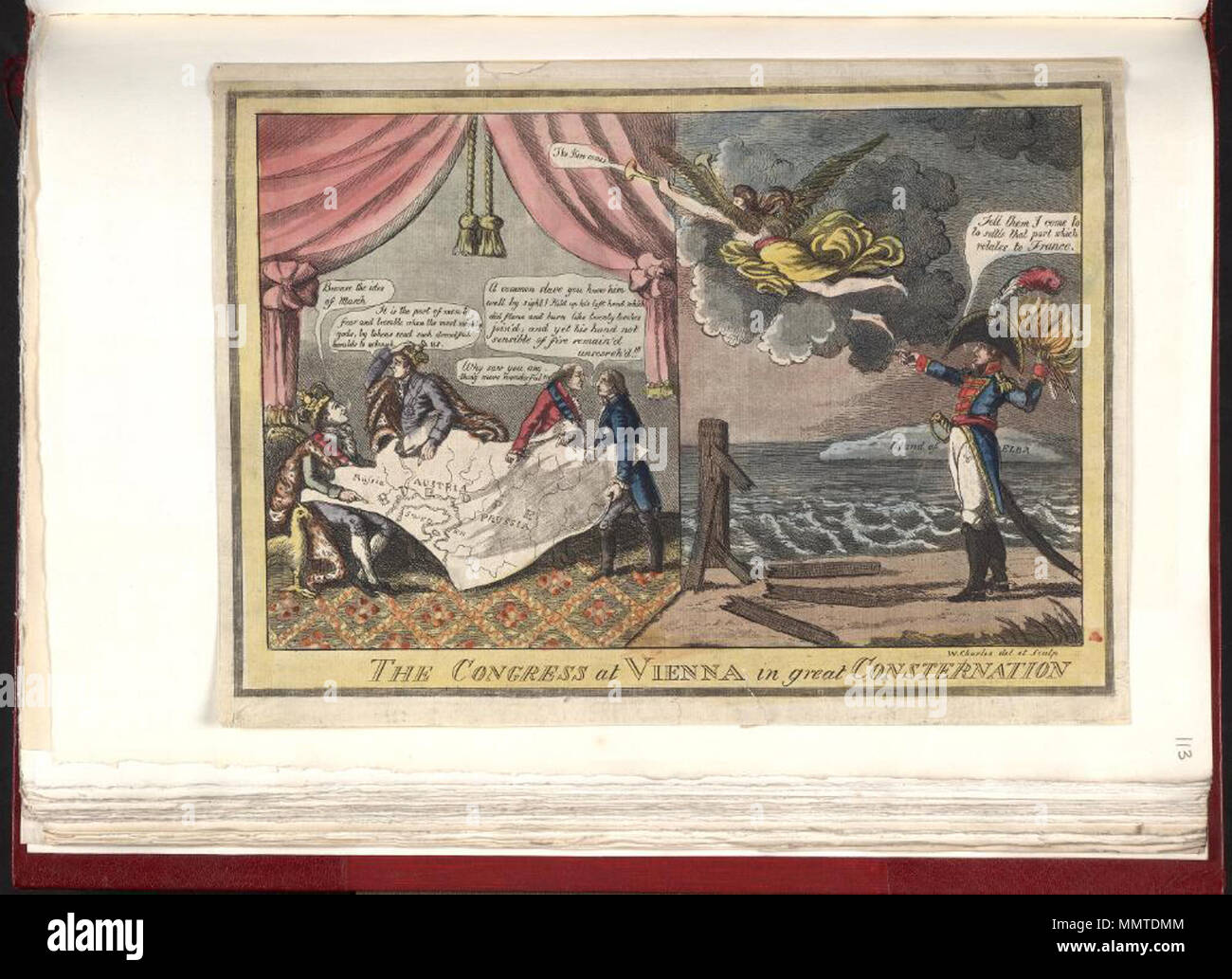 . Karikatur von Napoleon I. (Britische politische Karikatur); ein Design in zwei Teile. Die alliierten Mächte in Bestürzung auf eine Karte von Europa. Ein Engel, Boten Napoleons Flucht aus Elba, seine linke Hand Flaming. Ein Zaun zu Pen ihm bedeutete, mit der Bezeichnung 'Louis XVIII', ist gebrochen. Der Kongress in Wien in großer Bestürzung. [1814]. Bodleian Bibliotheken, der Kongress in Wien in großer Bestürzung Stockfoto