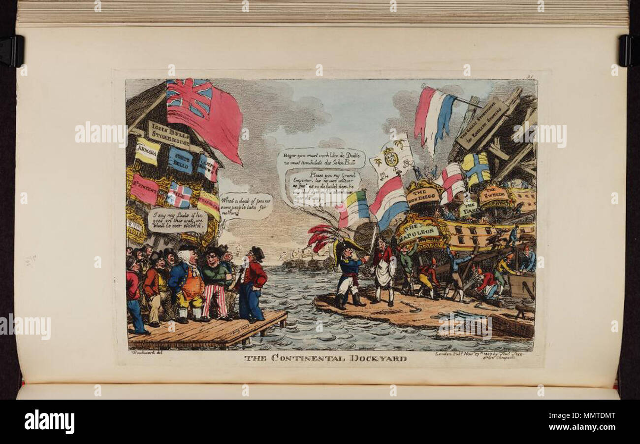 . Satire auf die Napoleonischen Kriege und die Handelsbeschränkungen. (Britische politische Karikatur) Das kontinentale Dock-Hof. 27. November 1807. Bodleian Bibliotheken, die Kontinentale dockyard Stockfoto