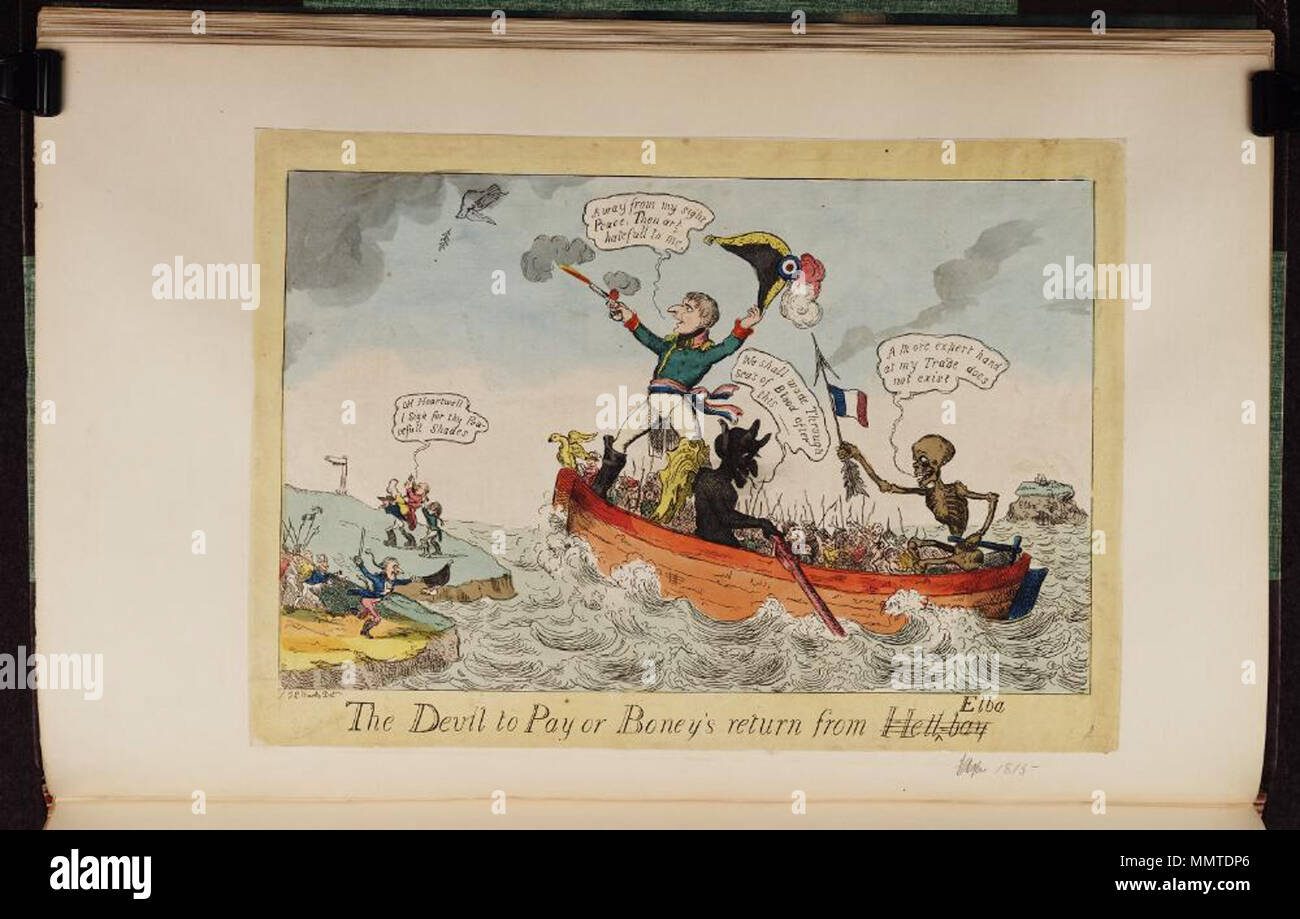 . Nach Napoleons Rückkehr von Elba und die Hundert Tage Satire. (Britische politische Karikatur) Der Teufel zu zahlen oder: boney's Rückkehr aus der Hölle - [Bay] Elba. [1815-03]. Bodleian Bibliotheken, den Teufel zu bezahlen oder - boney von Hellbay Elba Stockfoto