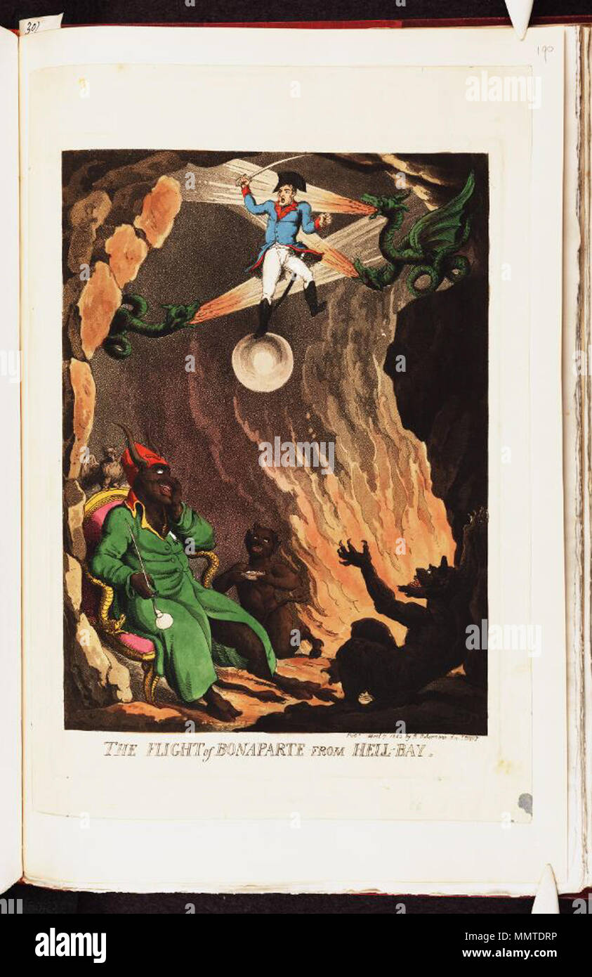 . Auf Napoleons Verbannung auf Elba Satire. (Britische politische Karikatur) Der Flug von Bonaparte aus der Hölle-Bucht. 7. April 1815. Bodleian Bibliotheken, den Flug der Bonaparte aus Hellbay Stockfoto