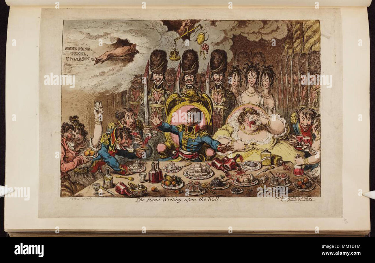 . Karikatur von Napoleon I. (Britische politische Karikatur); Napoleon und Josephine fest auf englische Gerichte, einschließlich des Tower von London und der Bank von England, der die Bedrohung zu überfallen. Napoleon blickt entsetzt auf die prophetische Schrift an der Wand, auf die sich die Hand Gottes zeigt. Oberhalb des ersten Consuls Kopf Gottes anderen Hand hält eine Waage, in der die Krone von Frankreich wiegt schwerer als die Kappe der Freiheit, unter denen Napoleons Despotismus verdeckt wurde. Die Handschrift auf der Mauer. 24. August 1803. Bodleian Bibliotheken, der Handschrift auf der Mauer Stockfoto