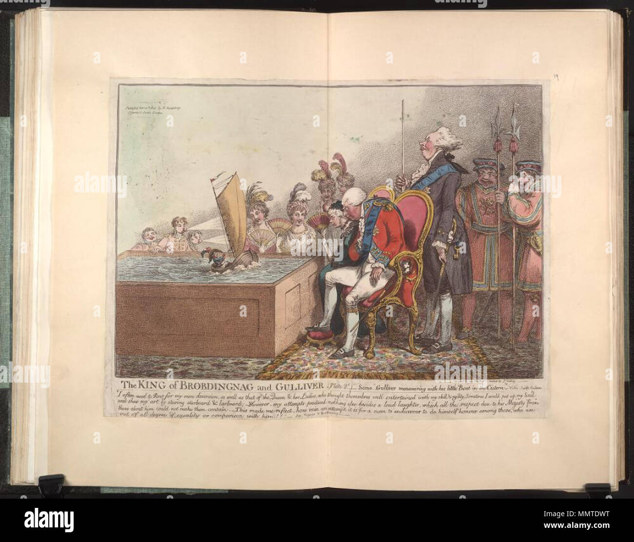 . Satire auf die Angst vor einer französischen Invasion, 1794-1805. (Britische politische Karikatur); Napoleon, wie Gulliver, Segel, einem kleinen Boot durch den Atem des königlichen Seiten über einen Tank mit Wasser in Richtung Queen Charlotte und George III. angetrieben Die Prinzessinnen und Höflinge. Der König von Brobdingnag und Gulliver (Platte 2d): Szene -- 'Gulliver rangieren mit seinem kleinen Boot in die Zisterne". 10. Februar 1804. Bodleian Bibliotheken, der König von Brobdingnag und Gulliver (Platte 2d)-Szene" Gulliver rangieren mit seinem kleinen Boot in die Zisterne" Stockfoto