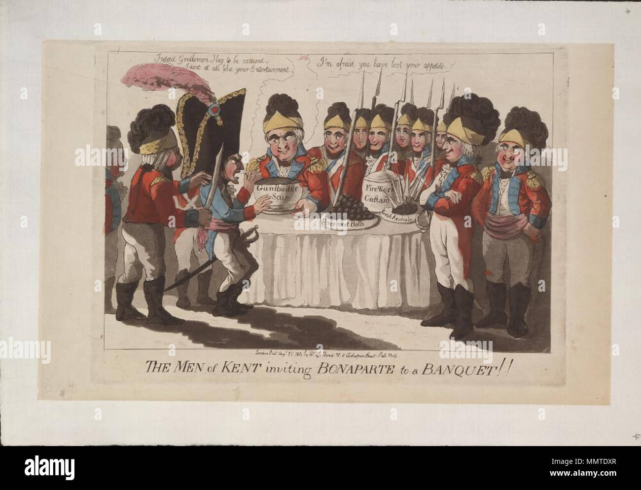 . Satire auf die Angst vor einer französischen Invasion, 1794-1805. (Britische politische Karikatur); Freiwillige von Kent bieten Napoleon Schießpulver Suppe und andere explosive comestibles.; in roter Tinte nummeriert: 116 Männer von Kent Bonaparte Einladung zu einem Festessen!!. 25. August 1803. Bodleian Bibliotheken, die Männer von Kent Bonaparte lädt zu einem Bankett Stockfoto