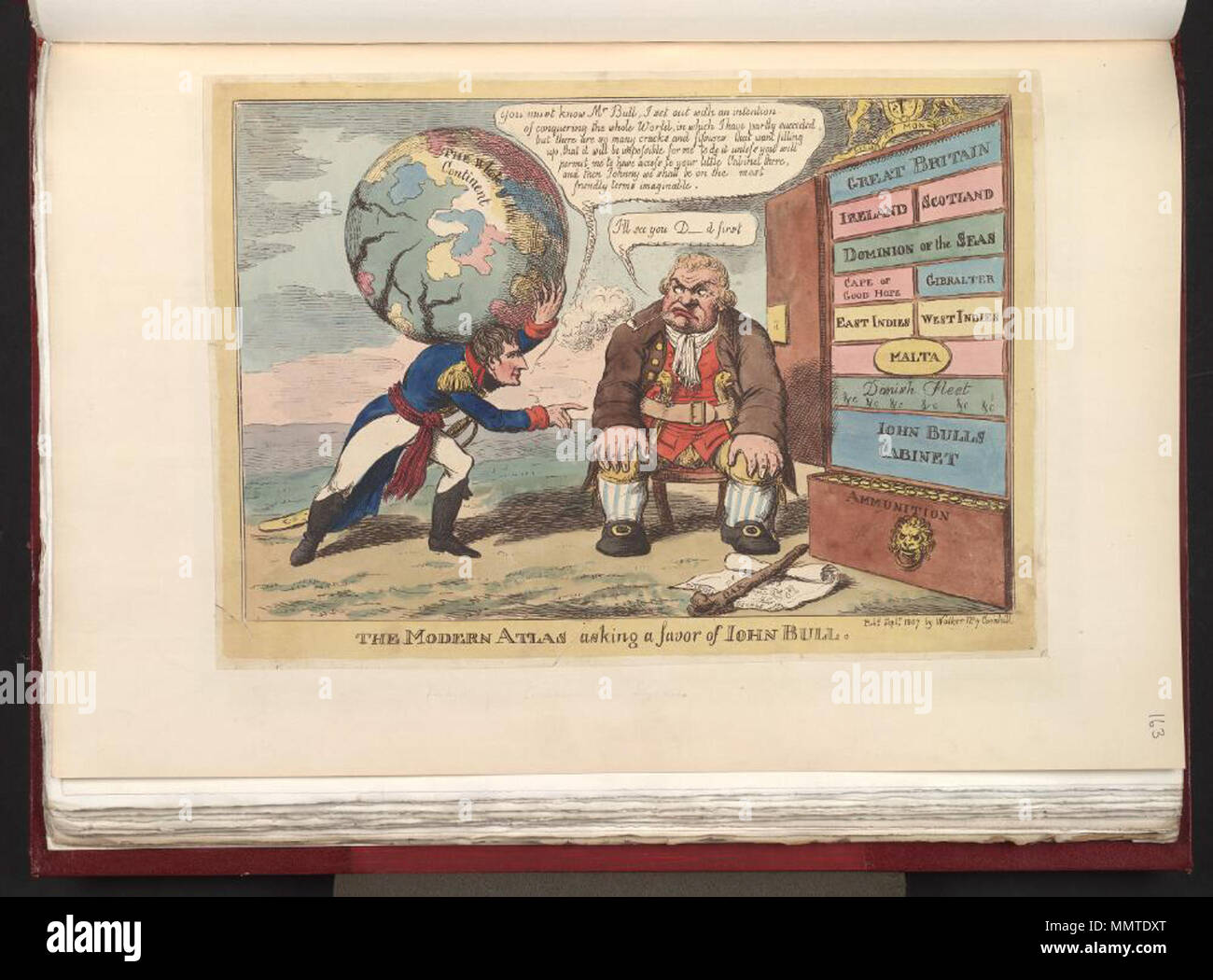 . Karikatur von Napoleon I. (Britische politische Karikatur); Napoleon, der die Welt auf seinen Schultern, fordert der britische Kolonien, vertreten durch einen Schrank eng bewacht von John Bull. John Bull, das Rauchen einer Pfeife, hat zwei Pistolen in seinem Gürtel stecken. Zu seinen Füßen ein Eichenholz Keule liegt gegenüber ein Bild von einem Schiff, die Royal George - eines der Schiffe, die sich in die meuterei von 1797 beteiligt.; Attribution von BMC Die moderne Atlas Fragen zu Gunsten von Iohn Bull. September 1807. Bodleian Bibliotheken, die moderne Atlas Fragen zu Gunsten von Iohn Stier Stockfoto