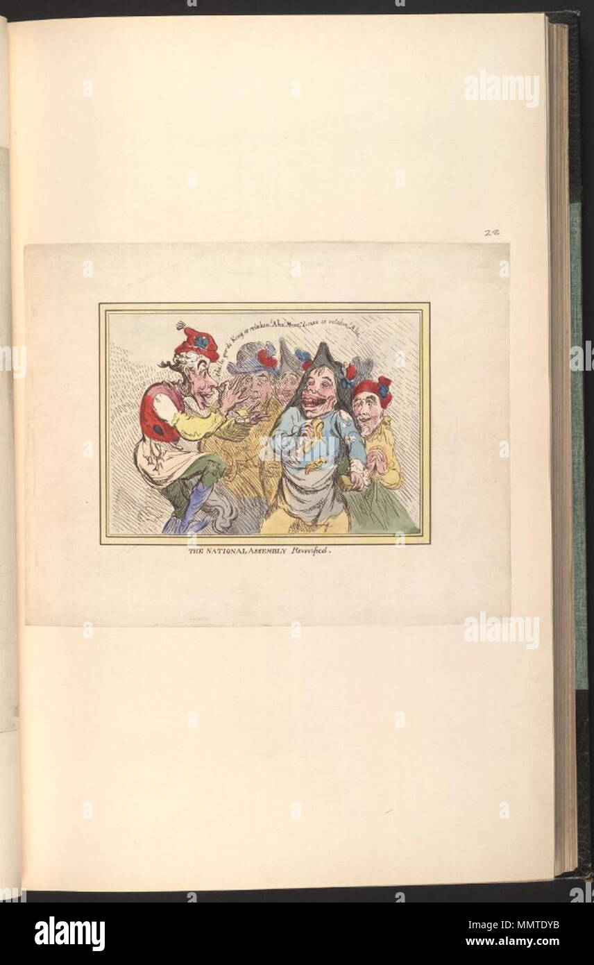 . Satire auf die Französische Revolution. (Britische politische Karikatur); Sans-culottes mit Trikolore kokarden Hören mit Genuss zu die Nachricht, dass der König nach Varennes erfasst worden ist; Dies ist eine Kopie der kleineren Version. Die Nationalversammlung revivified. [1791-06-28]. Bodleian Bibliotheken, die Nationalversammlung revivified Stockfoto