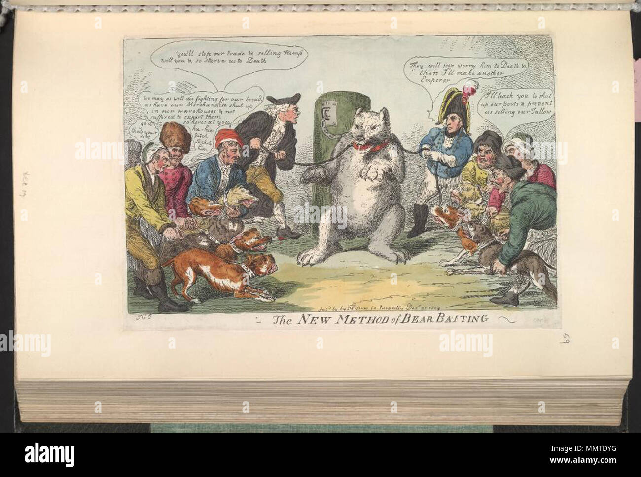 . Satire auf die Napoleonischen Kriege. (Britische politische Karikatur); einen Kommentar über die Schäden an russischen Handels durch die wirtschaftliche Kriegsführung zwischen England und dem Kontinent verursacht. Die Hunde harrassing der Bär repräsentieren die Baltischen Produkte abgeschnitten von der Englischen Markt; Krumbhaar 812 Die neue Methode von Bear anlockend. 21. Dezember 1807. Bodleian Bibliotheken, die neue Methode der Bär hetze Stockfoto