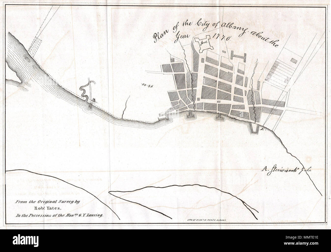 . Englisch: Dies ist eine faszinierende 1770 Karte der Stadt Albany ist die Hauptstadt des Staates New York. Karte wurde von einem ursprünglichen Umfrage von Robert Yates aus der Sammlung des Herrn Abgeordneten G.Y. Lansing gezeichnet. Gezeichnet und von Richard Pease von Albany eingraviert. Zeigen Sie das Fort und den Hafen. Undatiert aber das Papier und Stil wir genau sagen können, es ist ein Nachdruck aus dem frühen 19. Jahrhundert gegeben. Plan der Stadt Albany über das Jahr 1770.. 1820. 1820 Yates Karte von Albanien ca. 1770 - Geographicus - Albanien - Yates-1820 Stockfoto