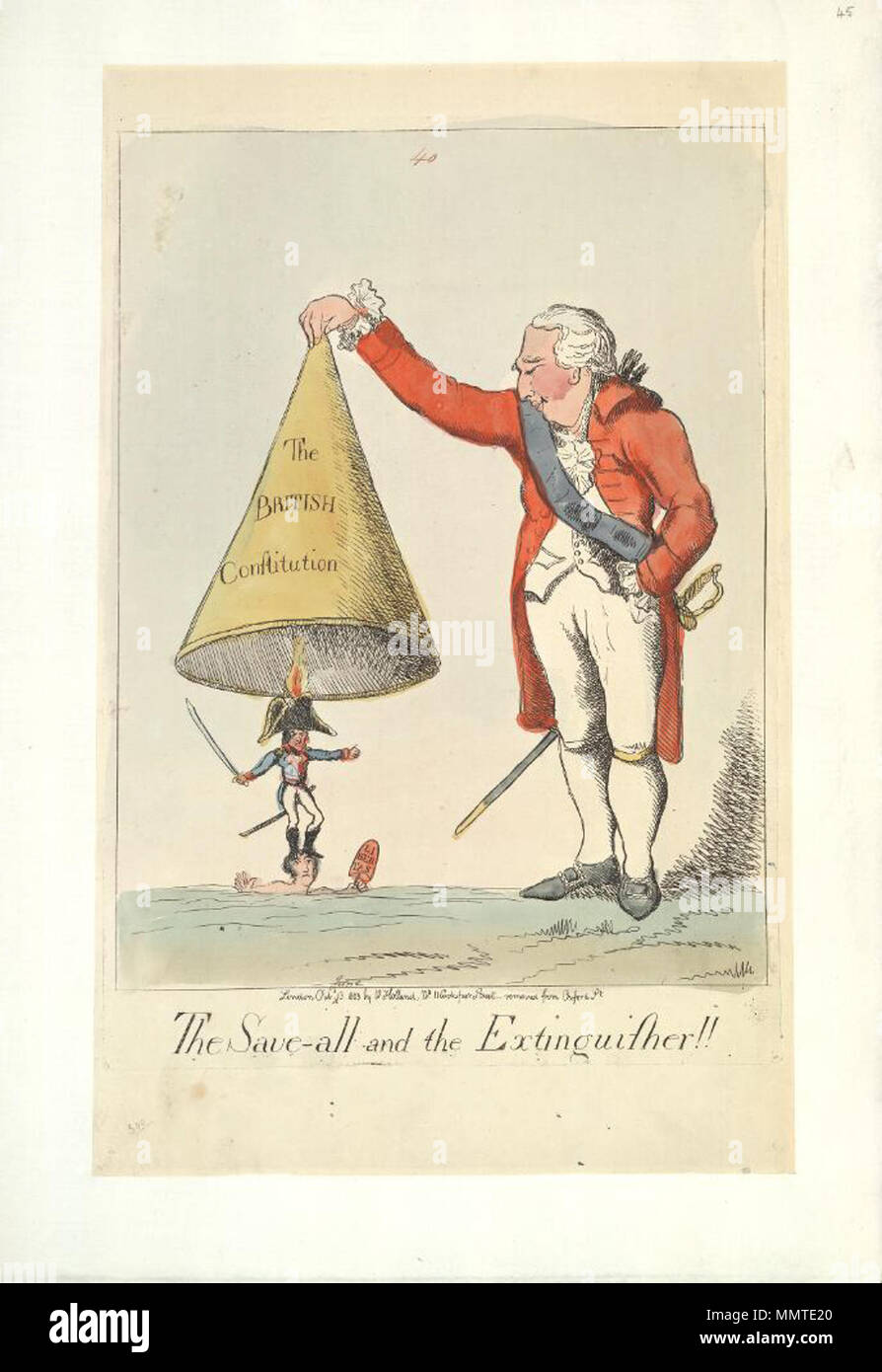 . Karikatur von Napoleon I. mit George III. (Britische politische Karikatur); Napoleon ist wie eine Kerze, die auf dem Kopf der Freiheit dargestellt. George III bereitet die Flammen mit einem Feuerlöscher gekennzeichnet", die britische Verfassung'.; in roter Tinte nummeriert: 40. Monat in ms angegeben. Die save-all und der Feuerlöscher. 13. Juni 1803. Bodleian Bibliotheken, die Saveall und der Feuerlöscher Stockfoto