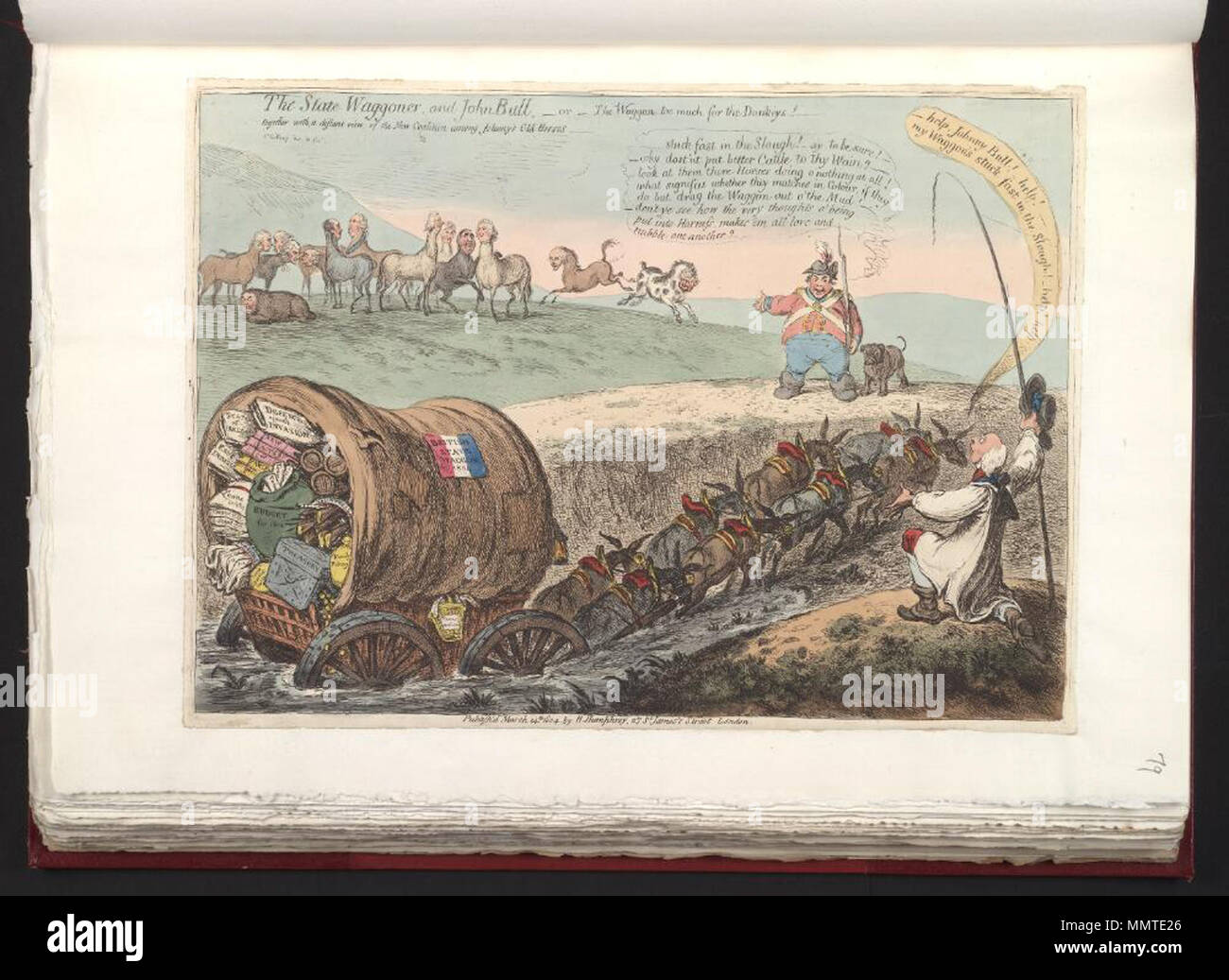 . Satire auf die Angst vor einer französischen Invasion, 1794-1805. (Britische politische Karikatur); eine Satire auf die Inkompetenz der Addington Ministerium. Addington ist der Fahrer, deren Wagen im Schlamm stecken geblieben ist. Oppositionelle Politiker (von Pferden im Hintergrund dargestellt) beginnen, mögliche Koalitionen zu gruppieren. Der Staat Wagoner, und John Bull, -- oder --: Der Wagen zu viel für den Esel -- zusammen mit einer Fernsicht auf die neue Koalition unter den alten Johnny's Pferde. 14. März 1804. Bodleian Bibliotheken, der Staat Wagoner, und John Bull, oder - der Wagen zu viel für den Esel zusammen mit einem weit entfernten vi. Stockfoto