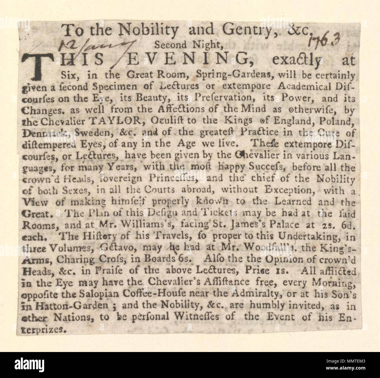 . Newscutting im Zusammenhang mit großen Zimmer, Spring Gardens, 12. Januar 1763, Ankündigung von Vorträgen oder extempore akademische Diskussionen über das Auge; Vorträge oder extempore akademische Diskussionen über das Auge; Mit dem Adel und der niedere Adel, dem Adel und der niedere Adel,. 12. Januar 1763. Tolles Zimmer, Spring Gardens [Thema] Salopian Coffee-House [Thema] Taylor Herr, Jun ([London], England) [Thema] Bodleian Bibliotheken, dem Adel und der niedere Adel, Stockfoto
