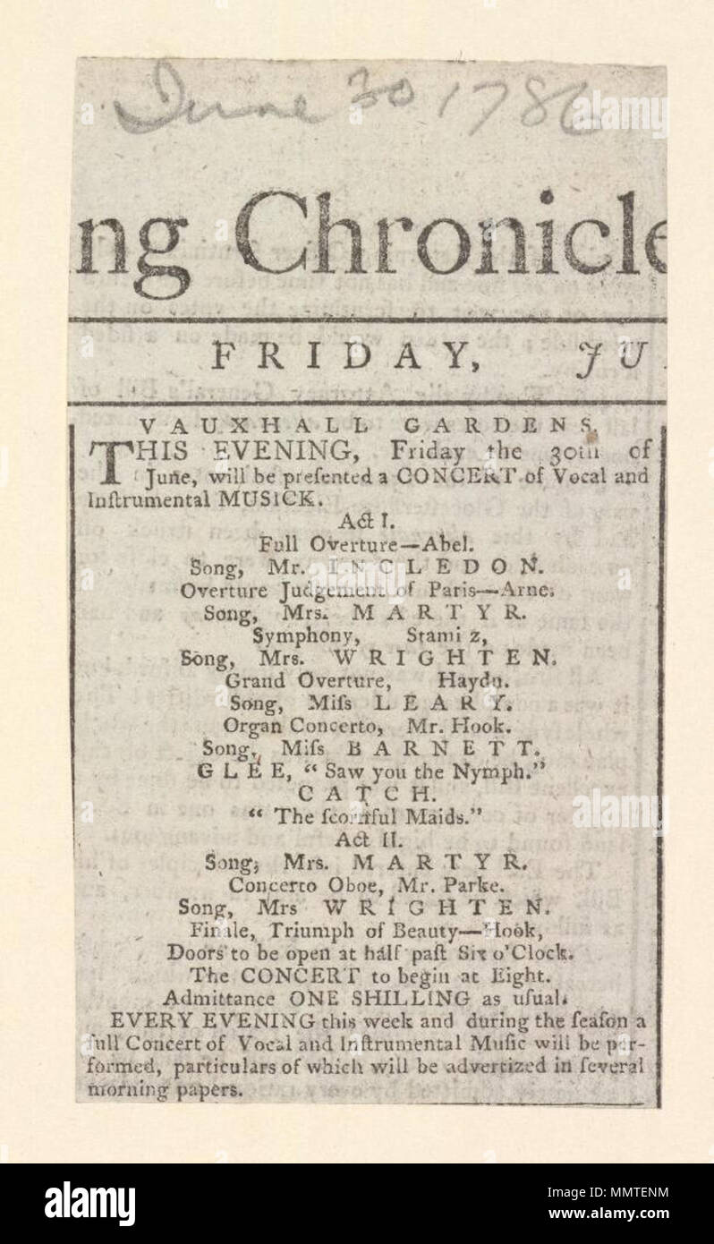 . Newscutting im Zusammenhang mit einem Konzert in der Vauxhall Gardens am Mittwoch der 12 Juli 1786; am 12. Juli 1786 (Manuskript); Konzert; ... ng Chronik... Freitag Ju...; Vauxhall Gardens Vauxhall Gardens. 12. Juli 1786. Vauxhall Gardens (London, England) [Thema] Bodleian Bibliotheken, Vauxhall Gardens Stockfoto