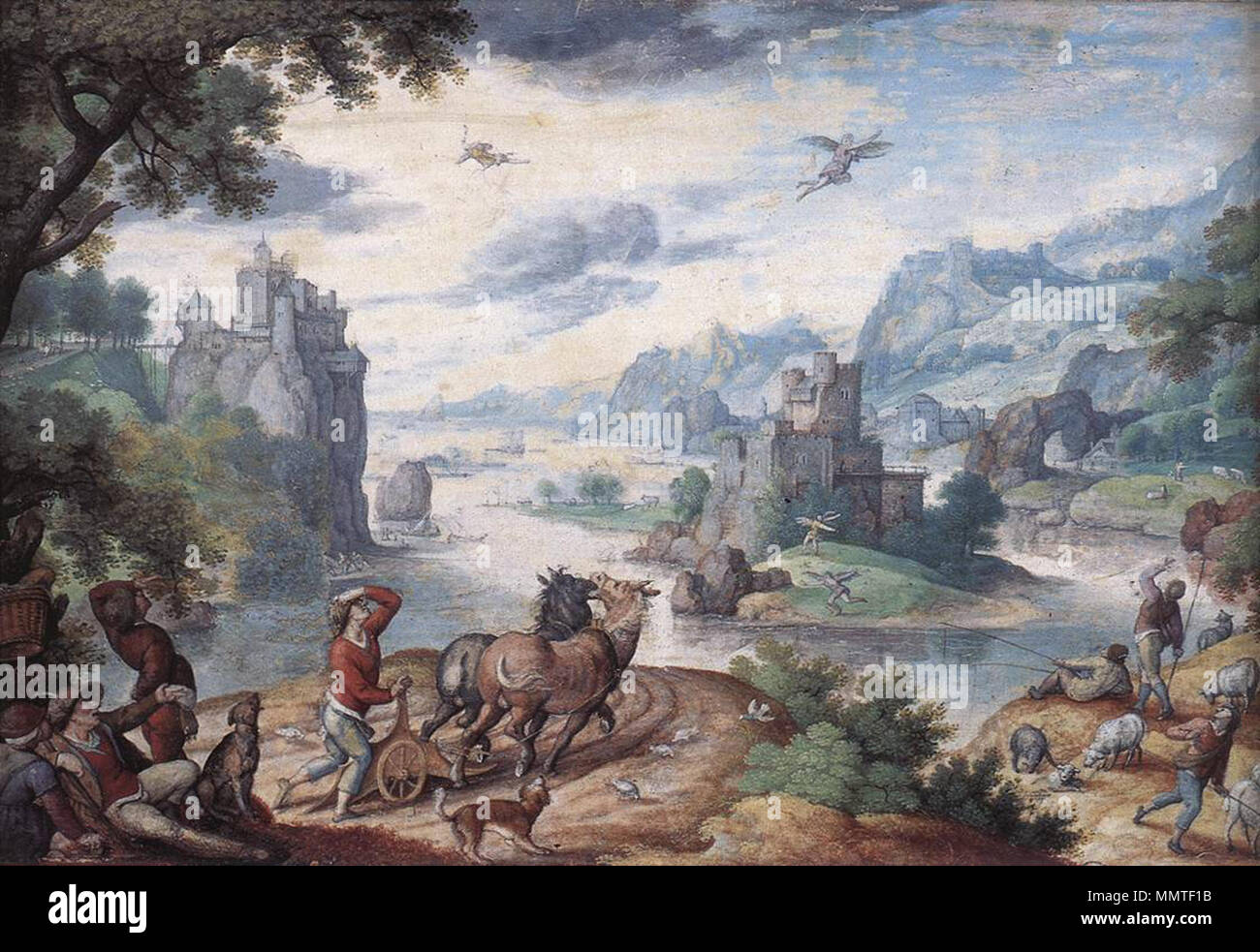 Landschaft mit dem Sturz des Ikarus. zweiten Hälfte des 16. Jahrhunderts. Bol, Hans-Landschaft mit dem Sturz des Ikarus Stockfoto