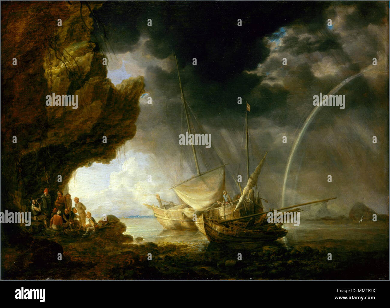 . Englisch: TA Gruppe von Matrosen Unordnung, in einer Höhle, die unter einer schroffen Klippen. Sintflutartiger Regen fällt schräg von der dicke, schwarze Wolken, die drohend über schweben. Eine glatte, flache Meer ist in silbrig-grauen Tönen dargestellt. Während die dunkleren Bereiche vorschlagen, die Schatten der Boote. Zusätzlich, hellbraunen und Grünflächen in den Untiefen Hinweis auf die Entstehung der Felsen unter der Wasseroberfläche. Die Matrosen, auf der linken Seite, setzen sich in eine feste Gruppe. Wechselwirkungen zwischen ihnen werden durch Mimik und Gesten angedeutet. Sie sind unterschiedlich belegt. Auf der linken Seite ein Getränke Stockfoto