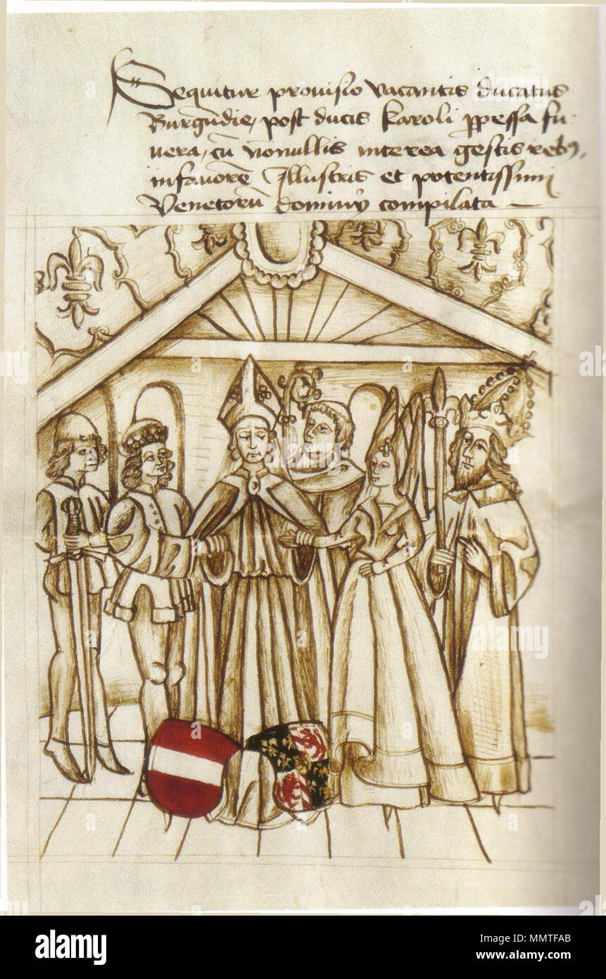 Wien, Haus-, Hof- und Staatsarchiv, Allgemeine Urkundenreihe 1479 III 17.  Albrecht von Bonstetten: Provisio vacantis ducatus Burgundie. Dargestellt  ist die Eheschließung zwischen Maximilian und Maria von Burgund. . 1479.  Diese Datei