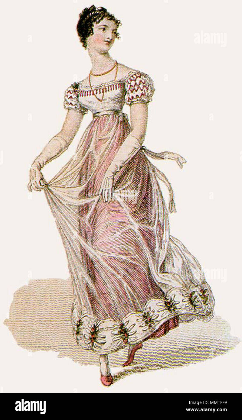 . Ein Beispiel für Übergangsstil zwischen der klassisch-beeinflussten "Regency" Moden der 1810 und mehr incipiently im Viktorianischen Stil in der zweiten Hälfte der 1820er - eine 1823 Gravur von einem Ball Kleid (mit einem Durchscheinenden overskirt, dass für bestimmte Dance Moves, wie z.b. den "pas d'été" angehoben werden kann, siehe Bild: Quadrille-Ete-lebas-ca1820.jpg). . Januar 1823. Unbekannt 1823 Künstler 1823 - Ball-Gown - Diaphanous-Overskirt Stockfoto