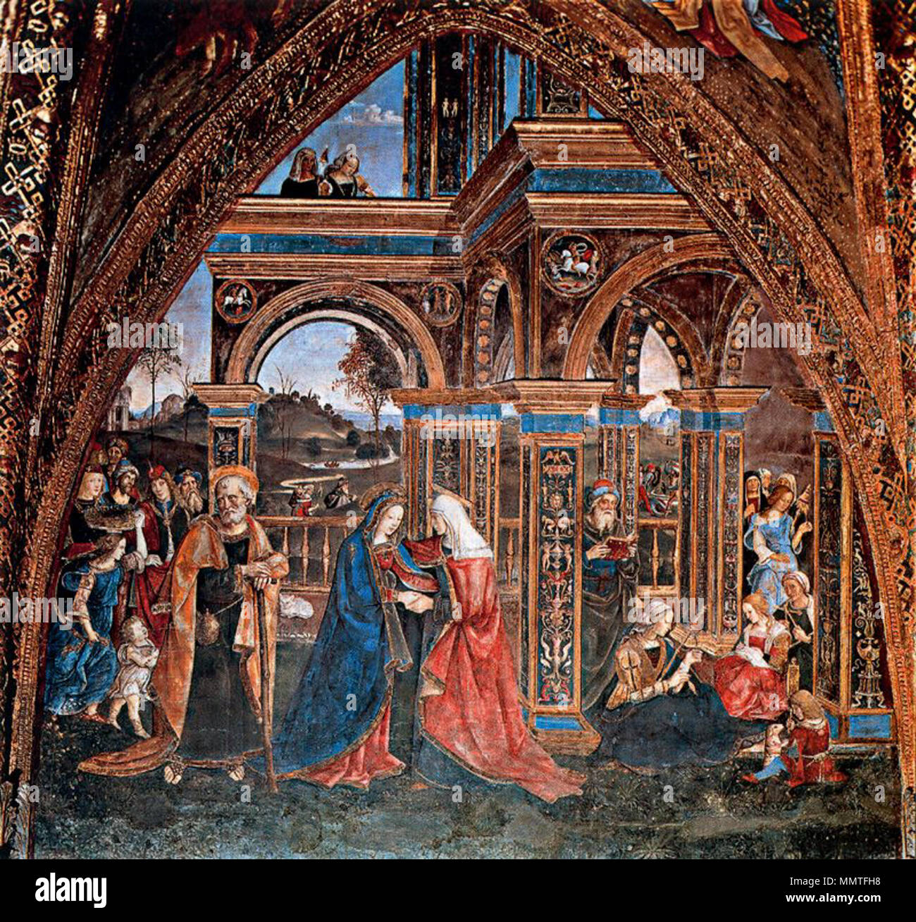 . Die Visitation Fresco Borgia Apartments, Halle der Heiligen. zwischen 1492 und 1494. Pinturicchio (1454-1513) Alternative Namen Geburt Name: Bernardino di Betto Beschreibung italienischen Maler und illuminator Datum der Geburt / Tod 1454 (?) vom 11. Dezember 1513 Ort der Geburt / Todes Perugia, Siena Arbeitsort Rom, Toskana, Umbrien, Siena Authority control: Q 5591 VIAF:?:? ISNI 49378648 0000 0001 22797186 ULAN:?? Nr 500023716 LCCN: 91029265 NLA:? 35650203 WorldCat Borgia-gemächer 012 Stockfoto