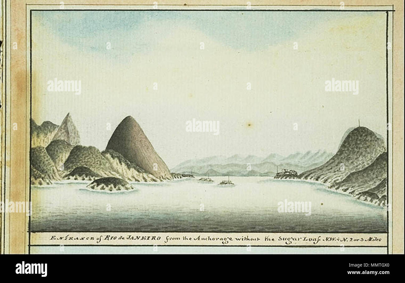 . Der Zuckerhut ist in der Mitte sichtbar - links Eingang von Rio de Janeiro aus der Verankerung ohne den Zuckerhut; die Tabelle Land vom Ankerplatz in der Bucht Kap der Guten Hoffnung. 18. George Raper (1769-1796) Brasilien 18 thc GuanabaraBay Stockfoto