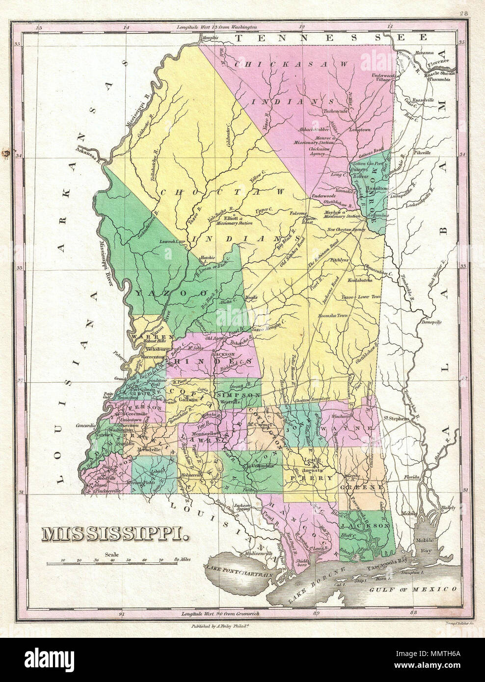 . Englisch: ein wunderschönes Beispiel von Finley's wichtige Karte 1827 von Mississippi. Zeigt den Zustand mit moderaten Detail in Finley's Classic minimalistischem Stil. Zeigt den Fluss Wege, Straßen, Kanälen, und einige topographische Merkmale. Angebote Farbcodierung auf der Ebene der Landkreise. Titel und Umfang im unteren linken Quadranten. Finley's Karte von Mississippi ist besonders interessant und wichtig wegen seiner Darstellung der sich schnell wandelnden Indianische Situation im nördlichen Teil des Staates. 1827 Die meisten der nördlichen Mississippi war ein begrenztes Territorium, Chickasaw, Choctaw indischen Nationen zugewiesen. Mit Stockfoto