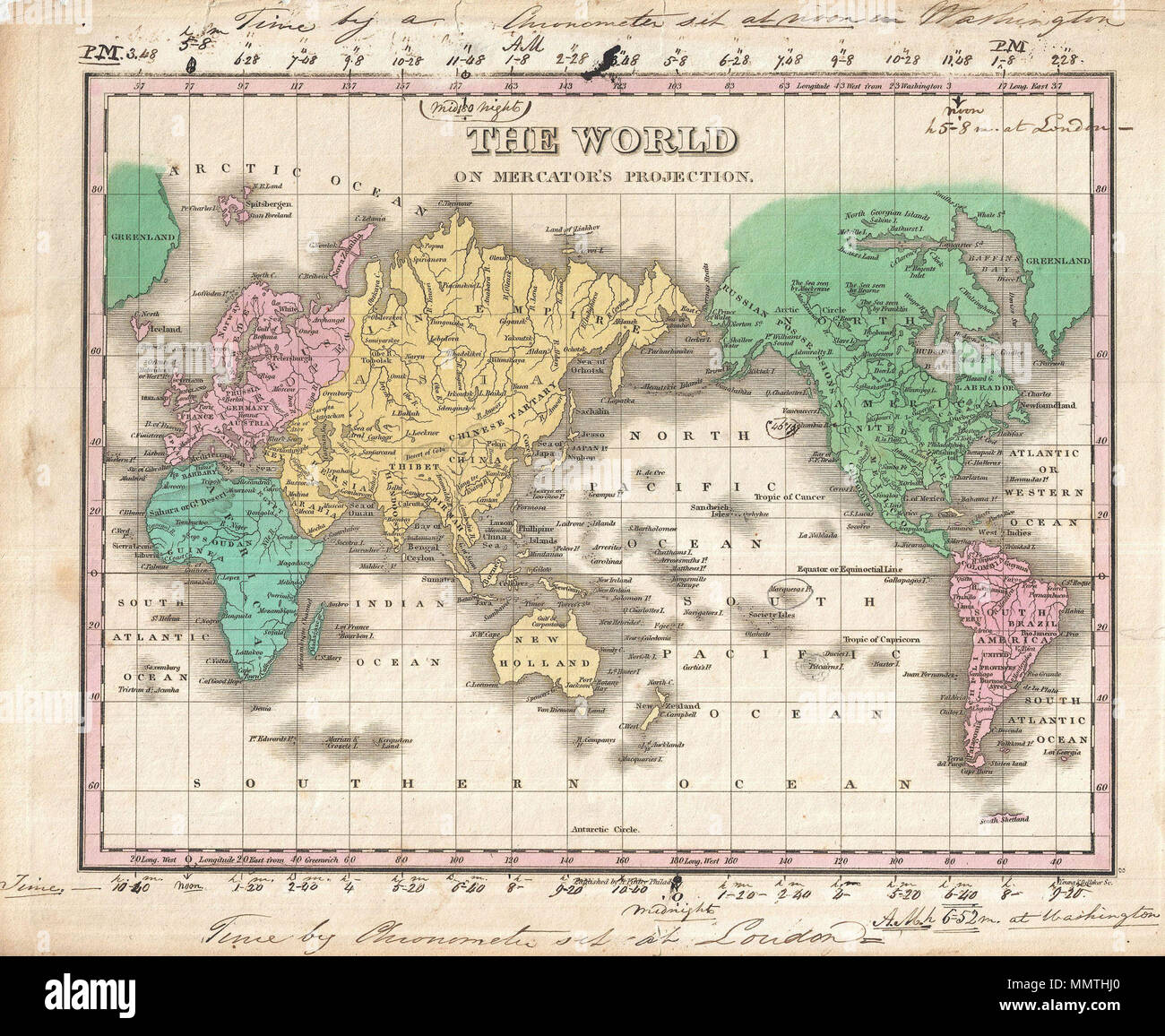 . Englisch: Dies ist Finley ist wünschenswert, 1827 Karte der Welt. Deckt die gesamte Welt auf einer Mercator-projektion. Identifiziert die Wüsten, Flüsse, viele Länder, und zahlreiche Städte. Die Farbe je nach Kontinent mit Australien (New Holland) nach Asien angefügte codiert. Die Antarktis nicht zeigen, aber South Shetland finden Sie nördlich des Polarkreises. Der ursprüngliche Eigentümer hat Manuskript Anmerkungen hinzugefügt, um die oberen und unteren Ränder (kurz in die Karte im oberen Bereich). Diese Annotation, in einem flüssigen Skript aus dem 19. Jahrhundert, zeigt Zeitzonen aus Washington (oberer Rand) und von London Stockfoto