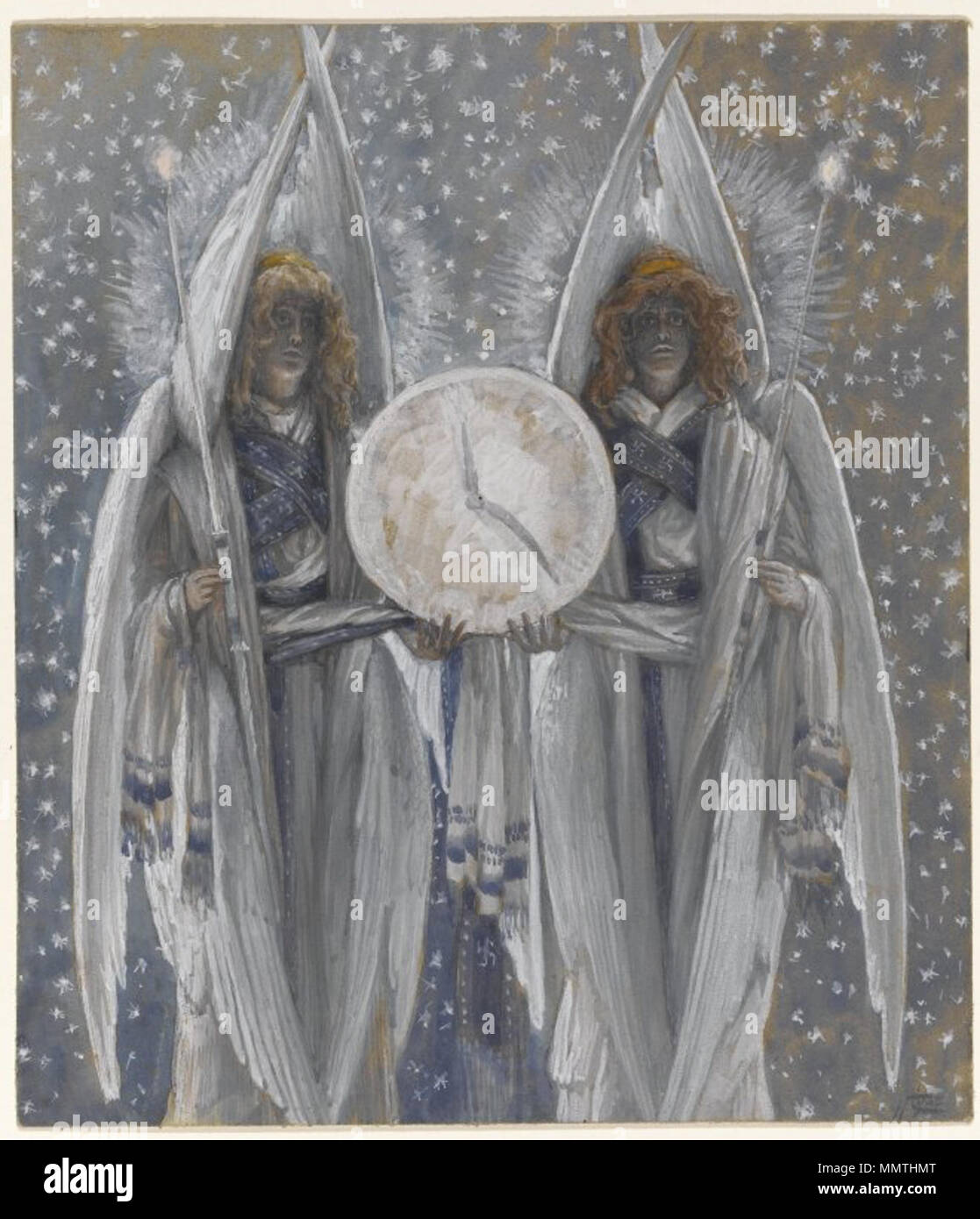 Français: Anges Mieter un Cadran indiquant Les différentes Heures des Actes de La passion Englisch: Engel Holding eine DFÜ mit Angabe der verschiedenen Stunden der Rechtsakte der Leidenschaft. zwischen 1886 und 1894. Brooklyn Museum - Engel Holding eine DFÜ mit Angabe der verschiedenen Stunden der Rechtsakte der Leidenschaft - James Tissot Stockfoto