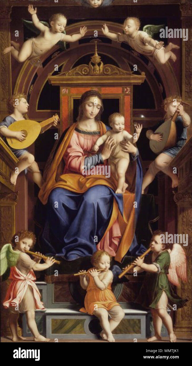 Englisch: Madonna mit Kind auf dem Thron mit Engeln. zwischen 1550 und 1600. Brooklyn Museum - Madonna mit Kind auf dem Thron mit Engel - Workshop von Bernardino Luini Stockfoto