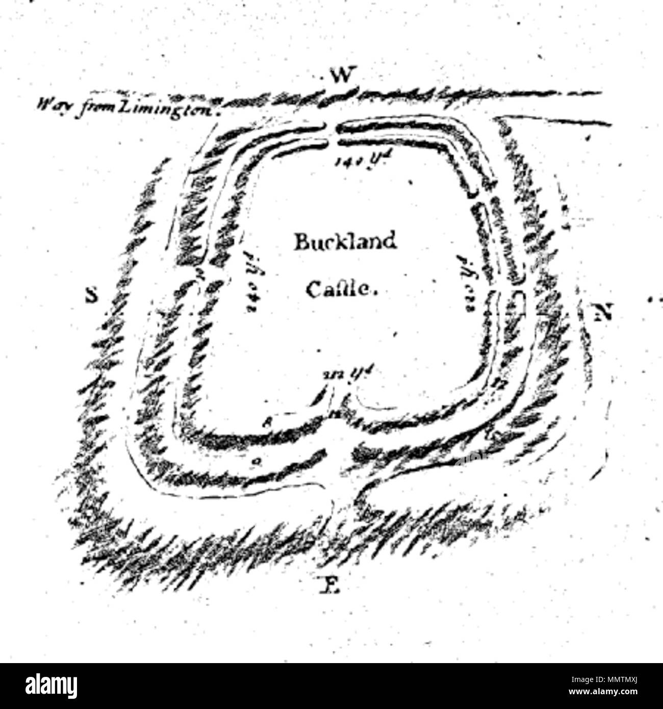 . Englisch: Darstellung der Eisenzeit fort Buckland Ringe von Thomas Wright in einer Mitteilung mit dem Titel ein Schreiben von Herrn Tho. Wright, James Theobald, Esq, F.R.S., die zwei alten Camps in Hampshire. Philosophische Transaktionen der Royal Society, Band 43, 1744. Buckland Ringe von Thomas Wright 1744 Stockfoto