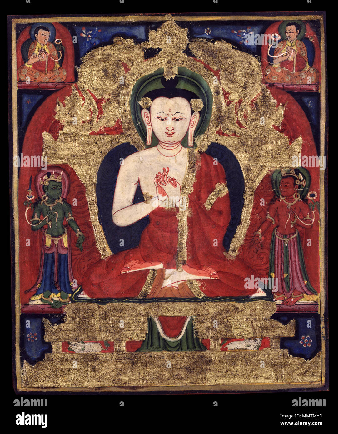 . Diese Darstellung von Buddha Vairocana, die "Glänzende", verfügt über mehrere seiner charakteristischen Merkmale, einschließlich seine weiße Farbe, die Durchführung der Lehre Geste (dharmacakramudra), und sitzen auf einem aufwändigen lion Thron. Die beiden Bodhisattvas ihn flankierenden - eine grüne und trägt ein Schwert, die anderen roten und Halten einer Lotus - und die Lehrer in die oberen Ecken nicht mit Sicherheit identifiziert werden. Dieses Gemälde wurde wahrscheinlich Teil eines Satzes und nur die Erkenntnis der ganzen Set ermöglicht die Identifizierung der Nebenfiguren. Buddha Vairocana. 14. Jahrhundert. Buddha Vairocana - Googl Stockfoto