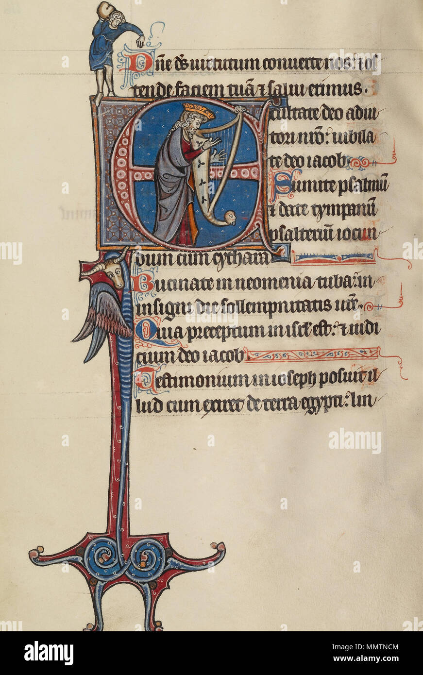 E: David spielt die Harfe und ein Mann Hieven einen Rock. ca. 1270 - 1280. Bute Master (franko-flämischen, aktiv 1260 - 1290) - Erste E-David spielt die Harfe und ein Mann Hieven einen Felsen - Google Kunst Projekt Stockfoto