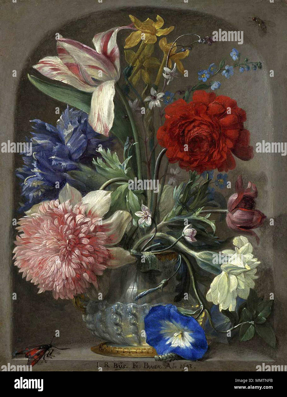 . Englisch: Blumen in einer Vase in einem Stein nische English: Blumenstrauss in einer Steinnische. 1693. Byss Stockfoto