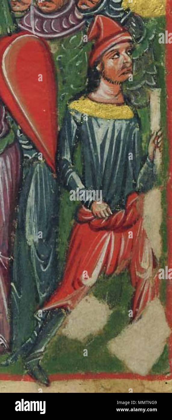 . Englisch: (7/8) Ein aus dem vierzehnten Jahrhundert Miniatur griechische Handschrift, die Szenen aus dem Leben von Alexander dem Großen. Ende der Byzantinischen Ära der griechischen Arbeiterklasse Mann von Beröa, Griechenland ist, einen blättern, und das Tragen eines markanten roten Kappe, mit Licht bracca (βράκκα) Hose in die Knie versteckt - hohe Stiefel. Die ganze Szene ist völlig in der byzantinischen Mode des späten byzantinischen Periode (1204-1453) abgebildet. "Alexander Romance" im S. Giorgio dei Greci in Venedig. . Zwischen 1204 und 1453. Anonyme byzantinischen Griechisch Alexander Manuskript 166 (7/8) Stockfoto