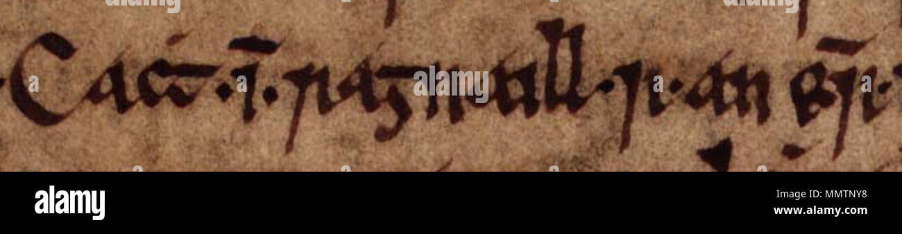 . Englisch: Ein Auszug aus Folio 18r von Oxford Bodleian Library MS Rawlinson B 488 (Geschichte der Tigernach): "Cacht ingen Ragnaill, rígan Erenn'. Der Auszug bezieht Cacht ingen Ragnaill (gestorben 1054). . Zwischen dem 14. und 17. Jahrhundert. Unbekannte Cacht ingen Ragnaill (Oxford Bodleian Library MS Rawlinson B 488, Folio 18r) Stockfoto