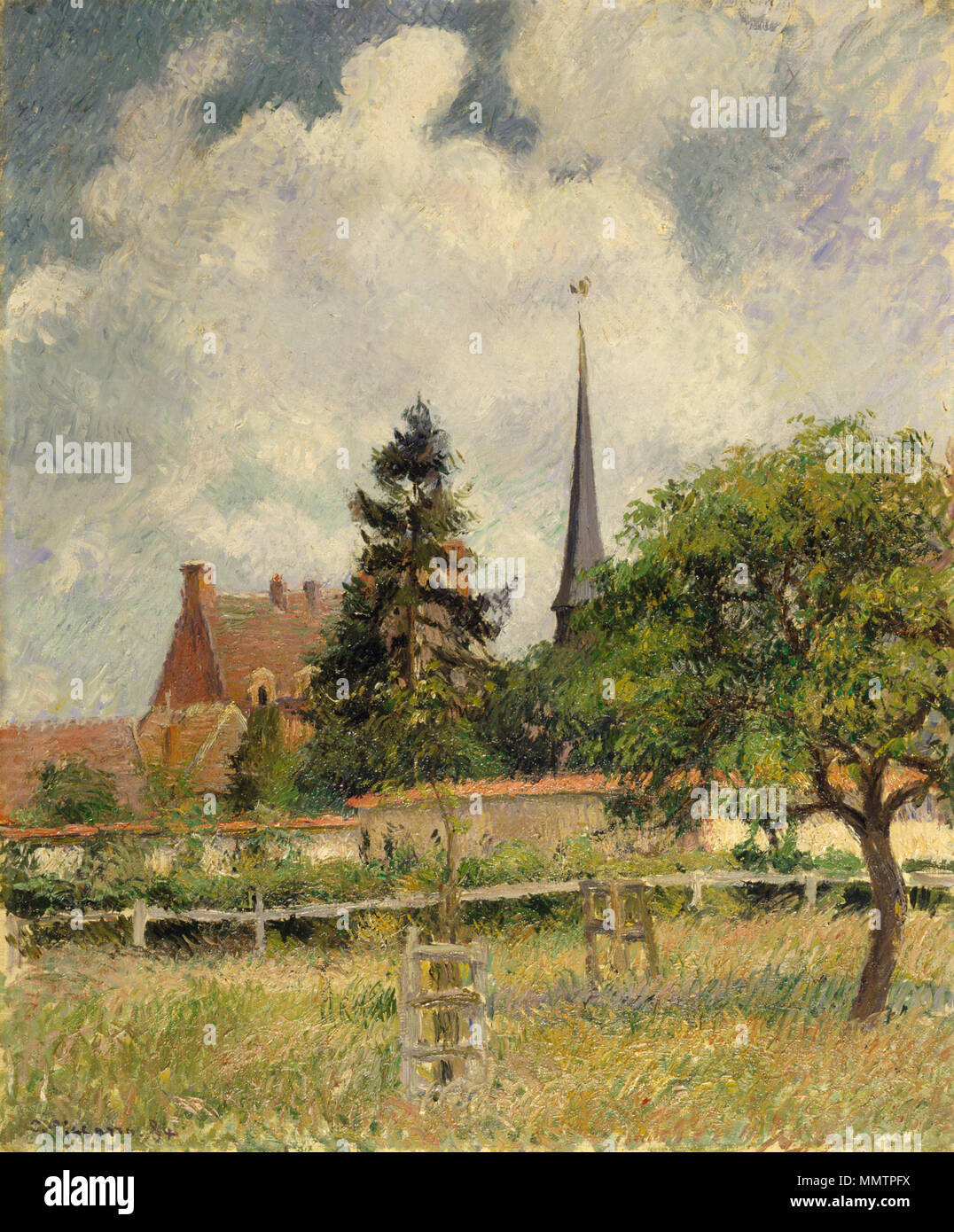 37.2653 Camille Pissarro (Dänisch, 1831-1903). "Die Kirche in Eragny", 1884, Öl auf Leinwand. Walters Art Museum (37.2653): Geschenk von Barbara B. Hirschhorn, Elizabeth B. Roswell, und Mary Jane Blaustein in Erinnerung an Jakob und Hilda Blaustein, 1991. Camille Pissarro - Die Kirche in Eragny-Walters 372653 Stockfoto