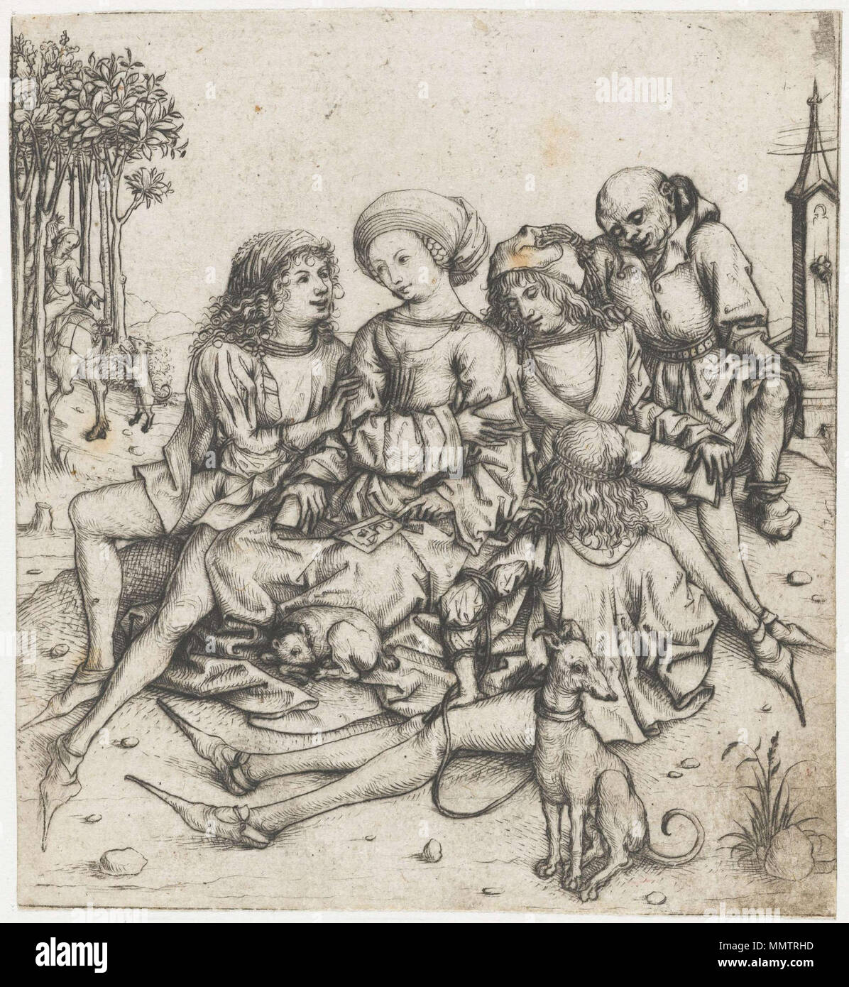 . Englisch: Eine junge Frau ist, die Karten mit drei junge Männer in modisch gekleidet. Ein fünftes Bild, ein Narr, sitzt auf der rechten Seite. Die Frau zeigt ihre Karten zu einem der Männer. Zwei Hunde sind ebenfalls vorhanden. Ein anderes Paar, zu Pferd und mit einem dritten Hund, werden gezeigt, die in den Wäldern im Hintergrund links, während ein Springbrunnen im Hintergrund auf der rechten Seite angezeigt wird. Dies deutet auf einen Garten der Liebe Genre. Die Kombination von Karte - spielen mit jungen Liebhaber war ein gemeinsames künstlerisches Paarung seit Jahrhunderten. . Zwischen 1483 und 1487. Meister des Amsterdamer Kabinetts Cardplayers-Master-of-th Stockfoto