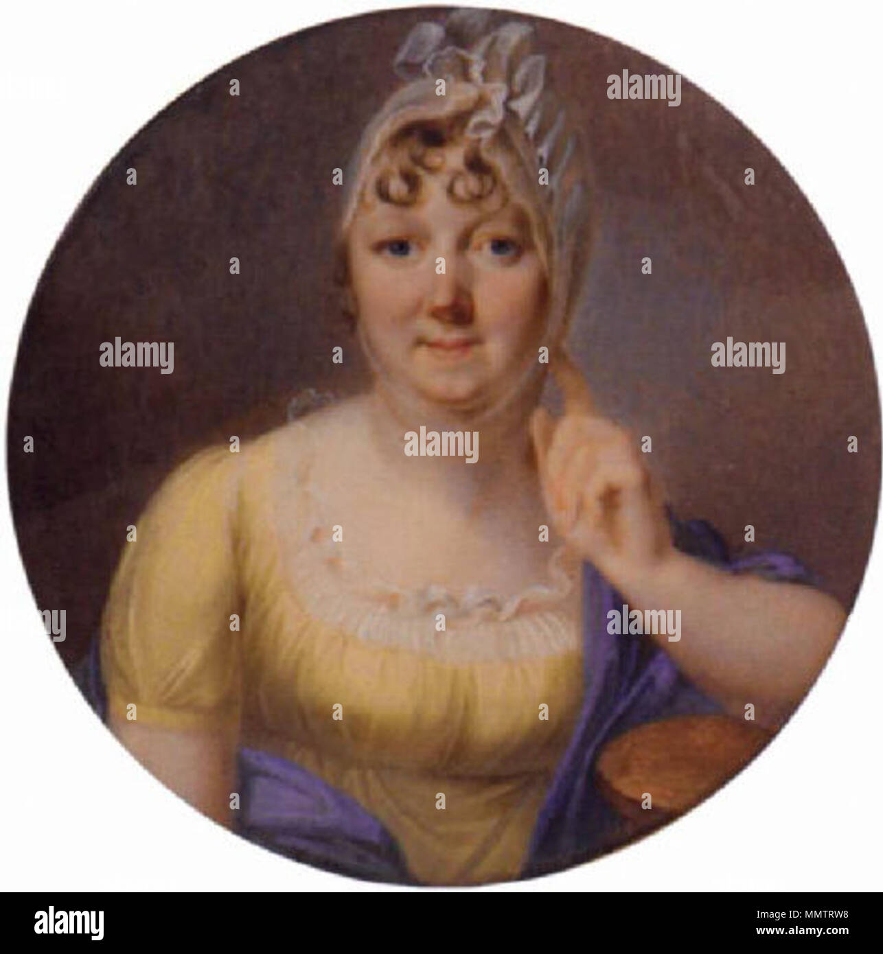 . Englisch: Germany Carl Friedrich Demiani Titel Rundes Brustbild einer Frau in dekolletiertem Kleid und mit gemischten Medien Spitzenhaube Medium Miniatur auf Elfenbein Größe 3,7 x 0 in. / 9,5 x 0 cm. Jahr 1806. 1806. Carl Friedrich Demiani Carl Friedrich Demiani-01 Stockfoto