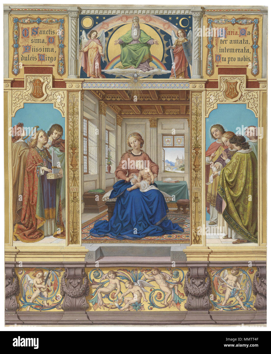 . Deutsch: die Jungfrau Maria, Mutter Jesu, in einer Stube sitzend Sterben, umgeben von musizierenden Engeln. 1874. Carl Mayer (1810-1876) Carl Mayer Jungfrau Maria in einer Stube 1874 Stockfoto