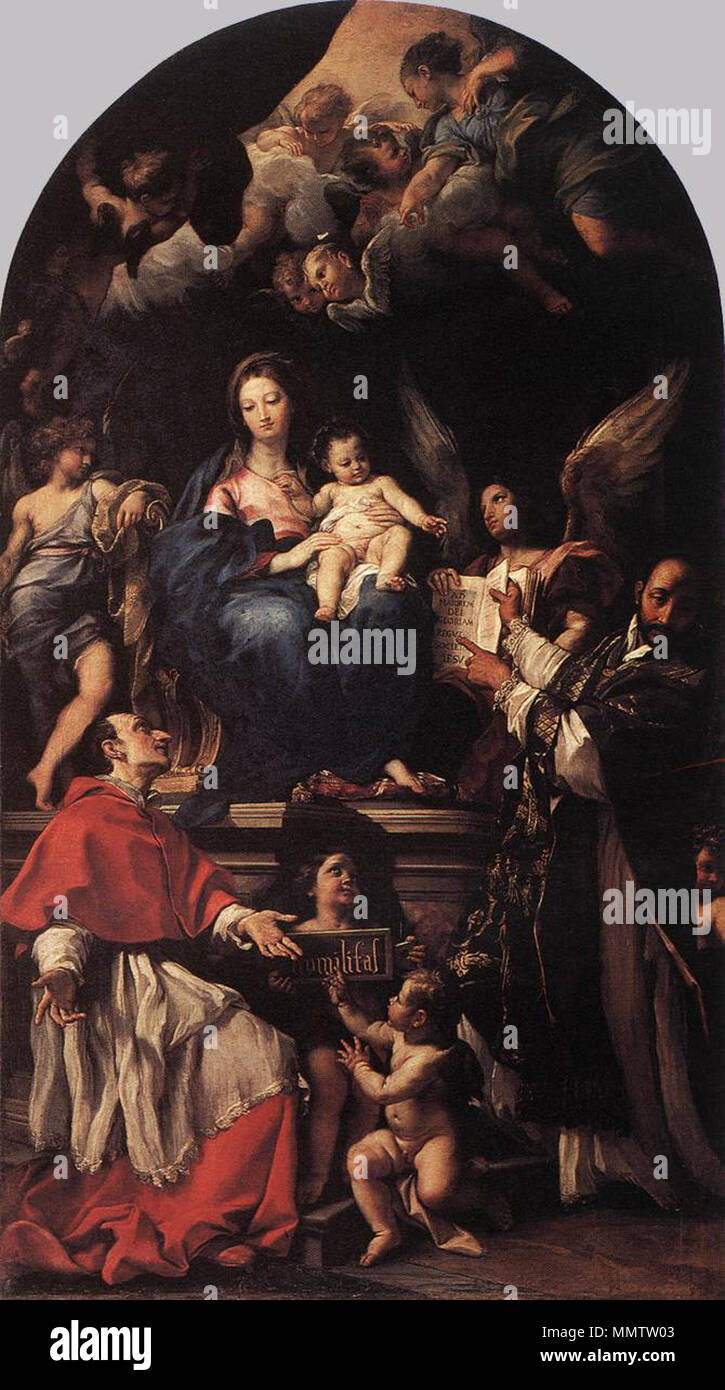 Englisch: Madonna mit Kind auf dem Thron mit Engeln und Heiligen. zwischen 1680 und 1690. Carlo Maratta - Madonna mit Kind auf dem Thron mit Engeln und Heiligen - WGA 14047 Stockfoto